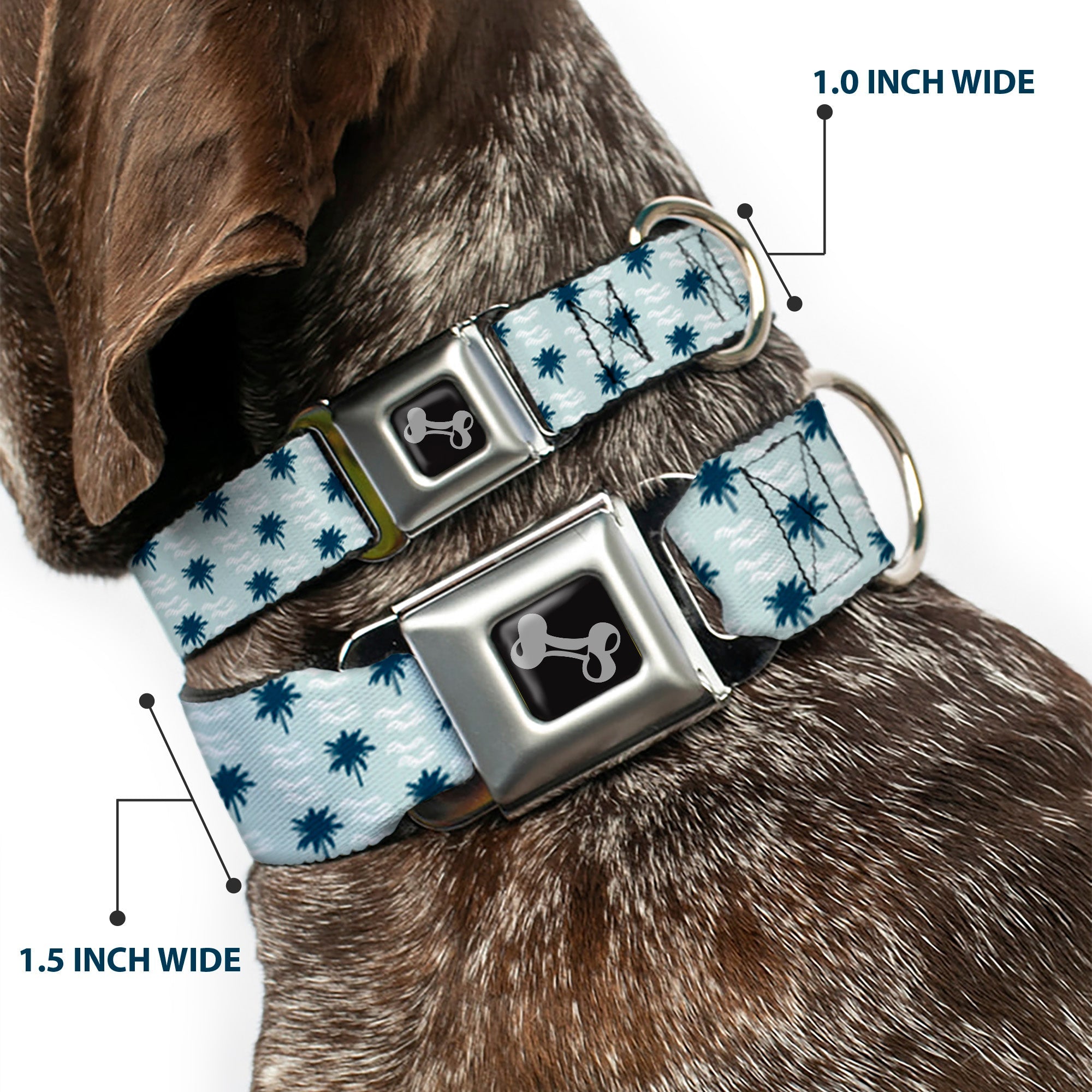 Dog Bone Seatbelt Buckle Collar - Palm Trees & Waves Monogram Blues/White
