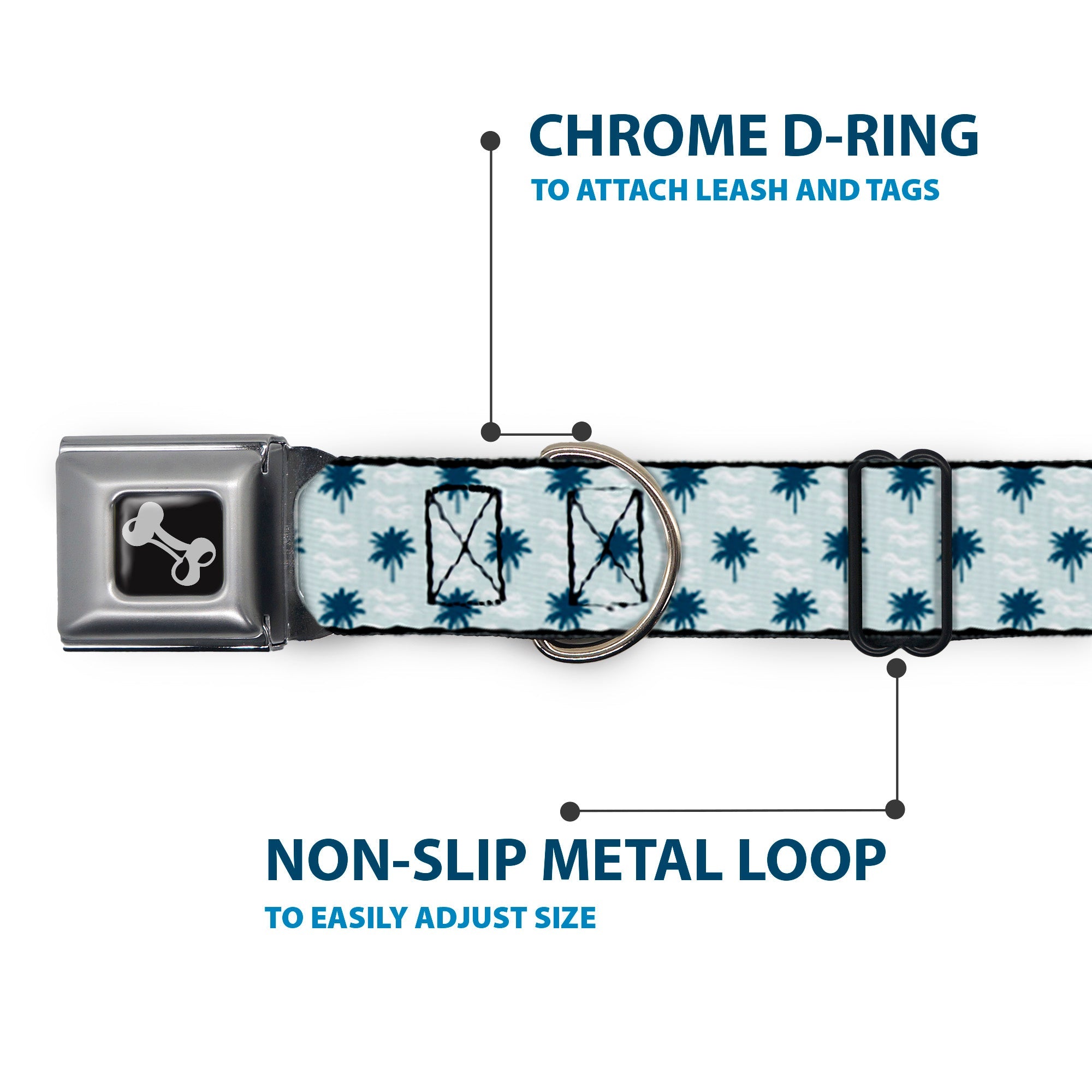 Dog Bone Seatbelt Buckle Collar - Palm Trees & Waves Monogram Blues/White