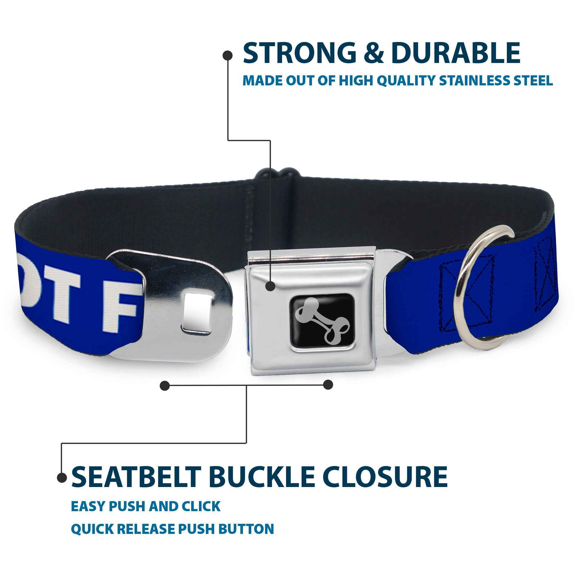 Buckle-Down Dog Bone Black/Silver Seatbelt Buckle Dog Collar - Pet Quote Do Not Feed Navy/White