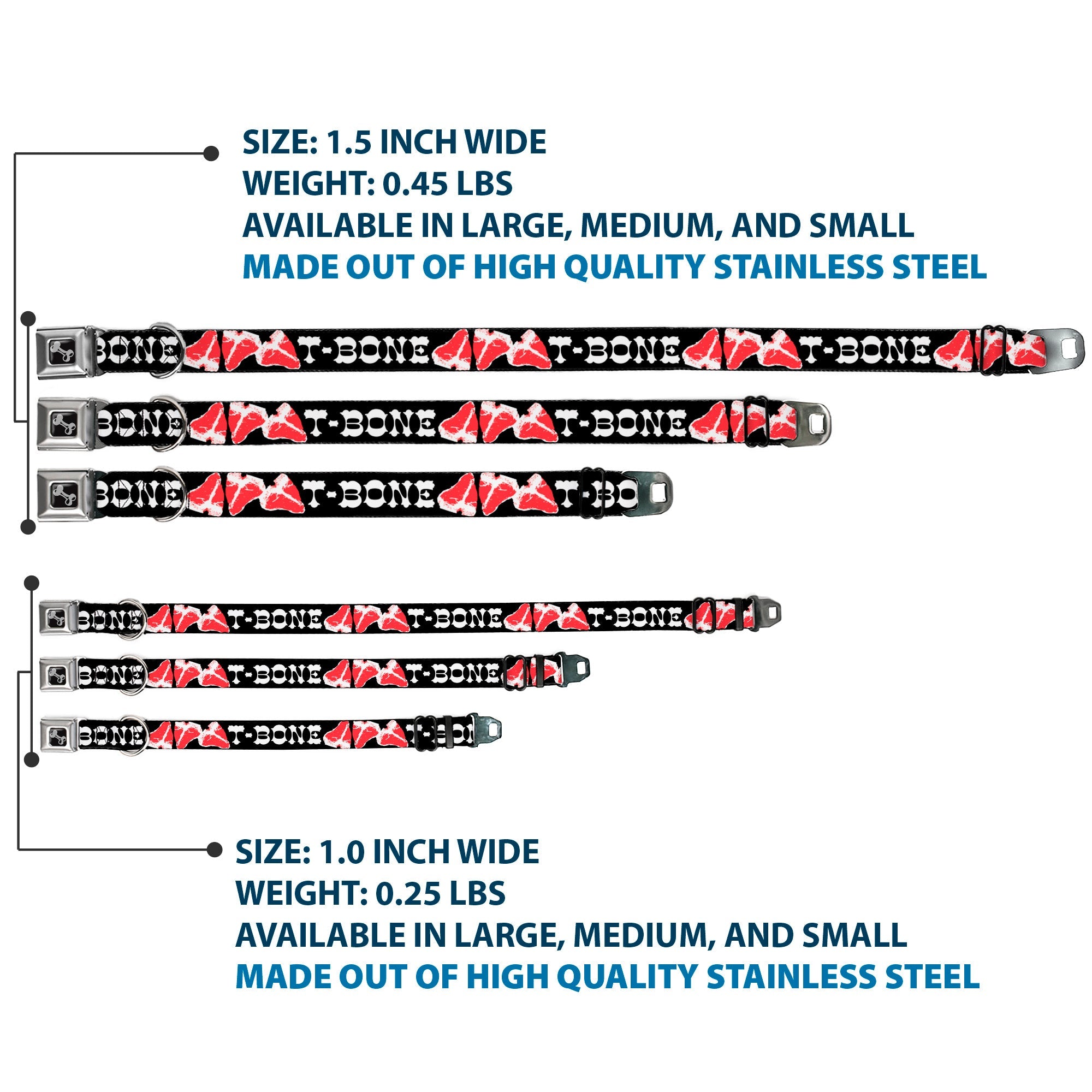 Dog Bone Seatbelt Buckle Collar - Steaks w/T-BONE Text