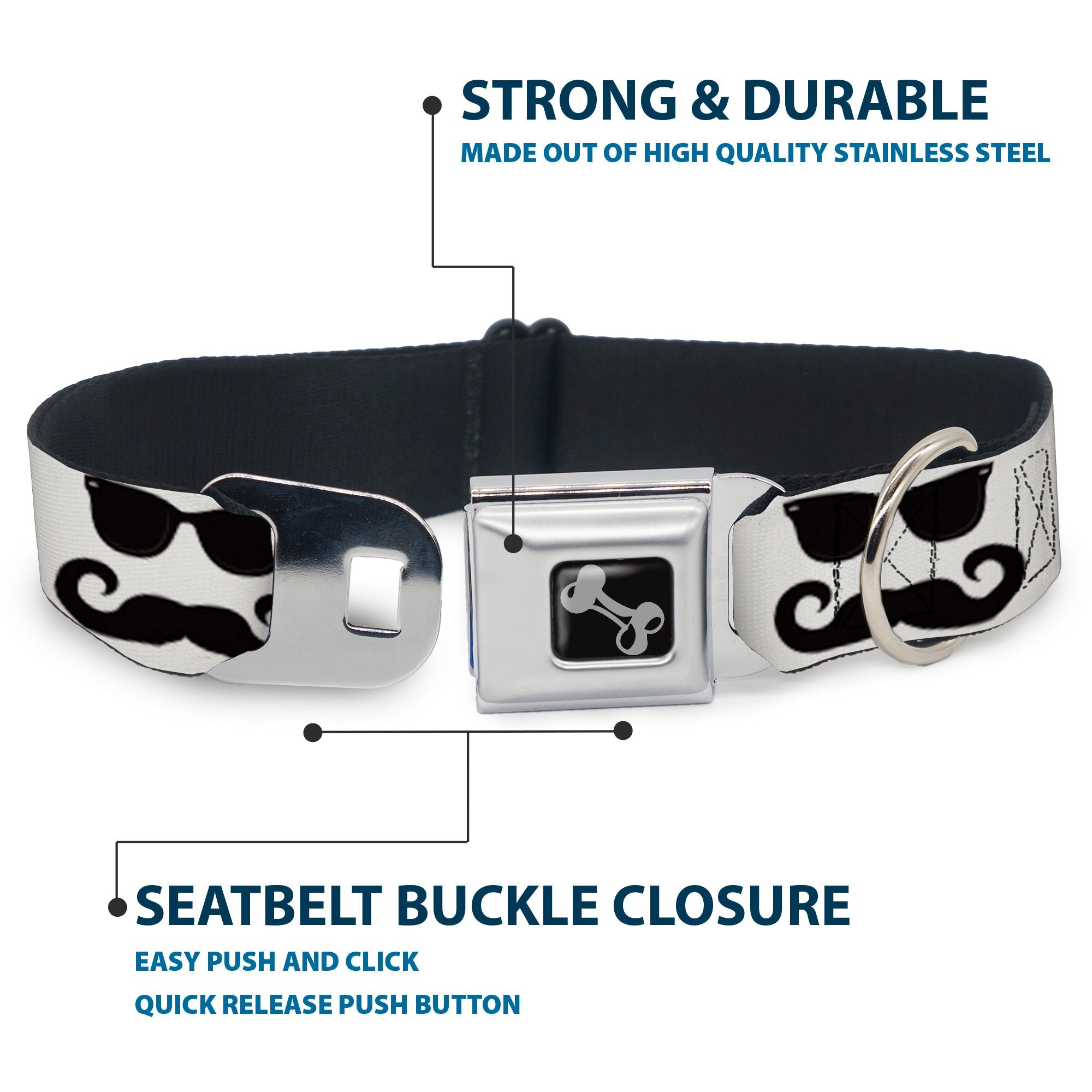 Dog Bone Seatbelt Buckle Collar - Sunglasses & Mustache White/Black