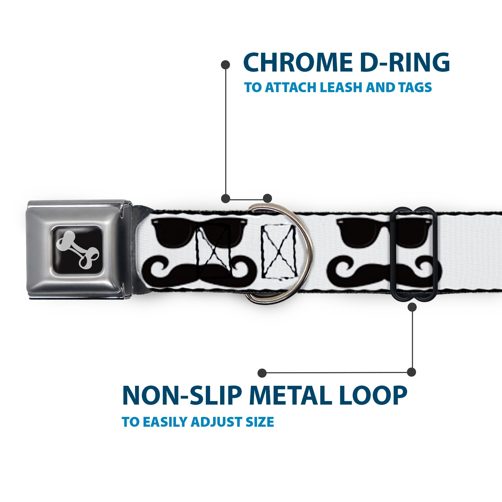 Dog Bone Seatbelt Buckle Collar - Sunglasses & Mustache White/Black