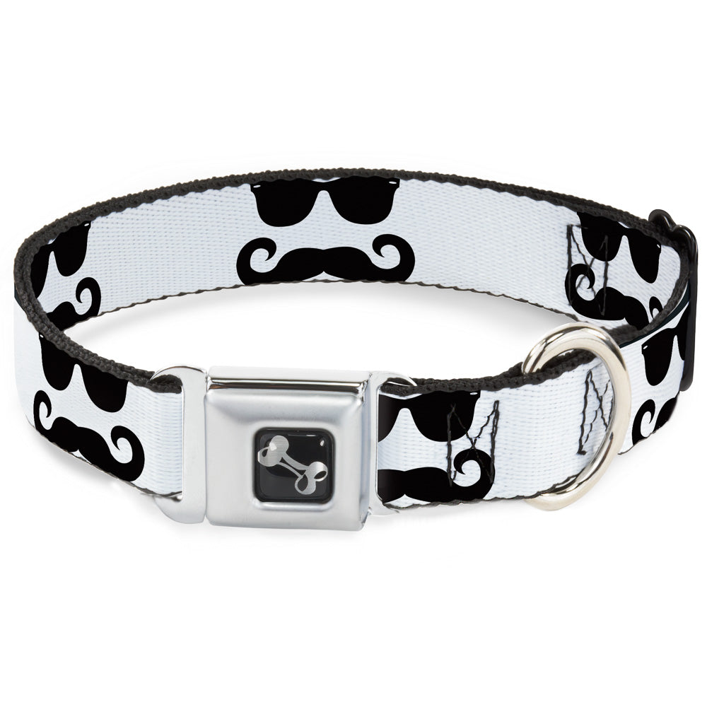 Dog Bone Seatbelt Buckle Collar - Sunglasses & Mustache White/Black