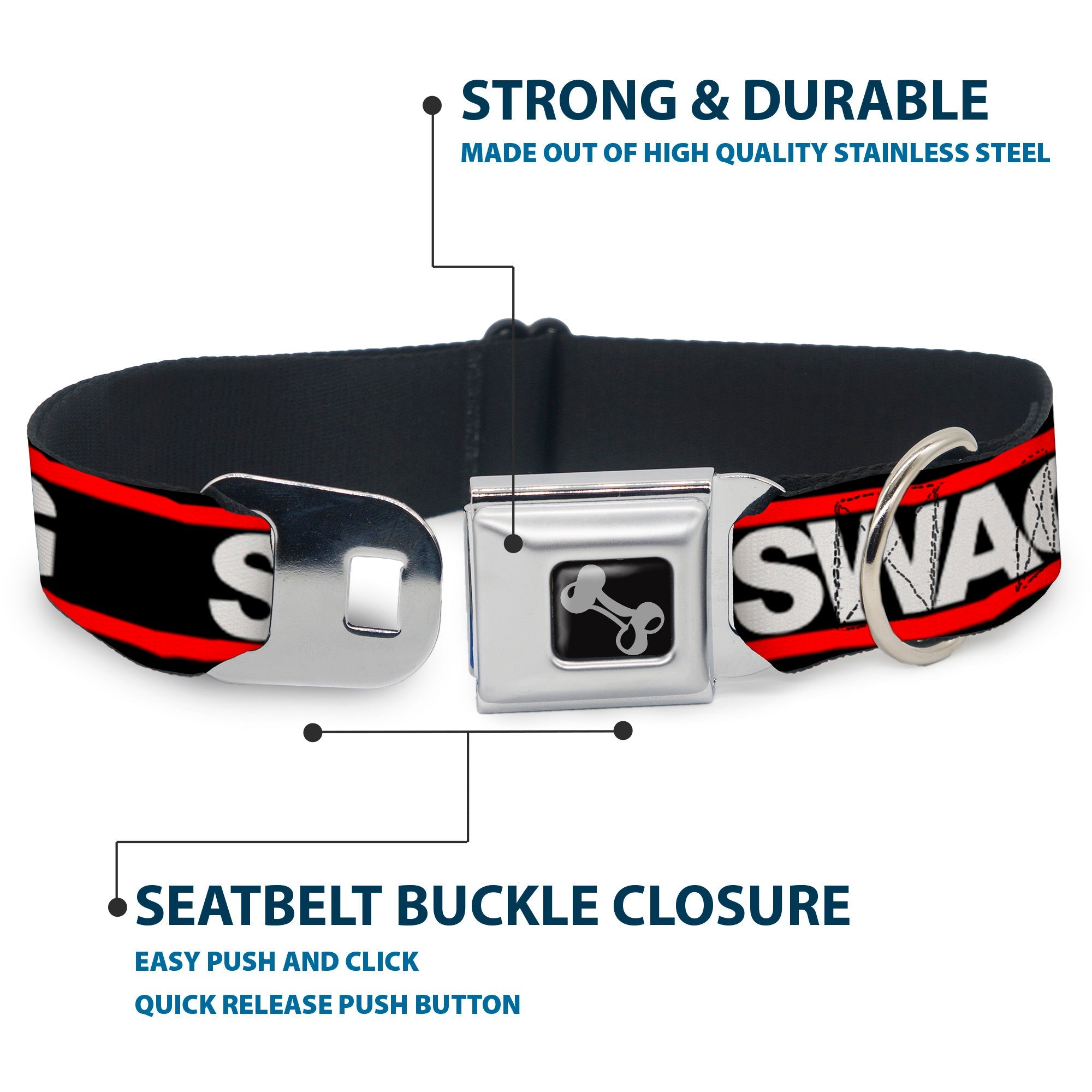 Dog Bone Seatbelt Buckle Collar - SWAGG Black/White/Red Stripe