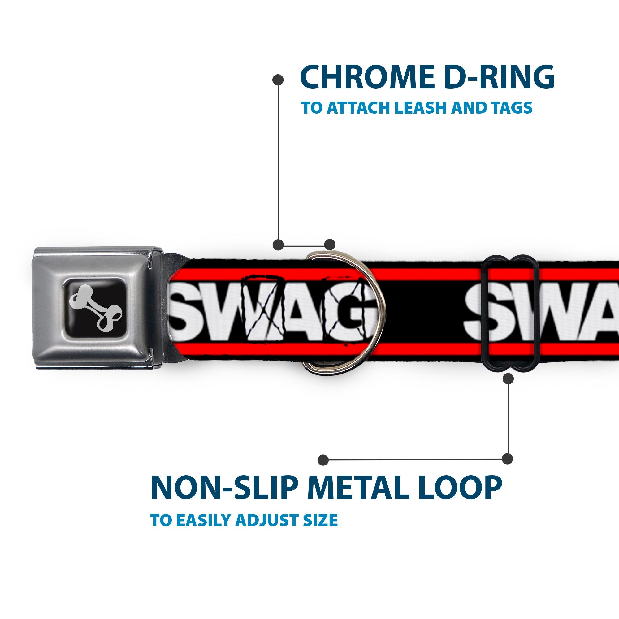 Dog Bone Seatbelt Buckle Collar - SWAGG Black/White/Red Stripe