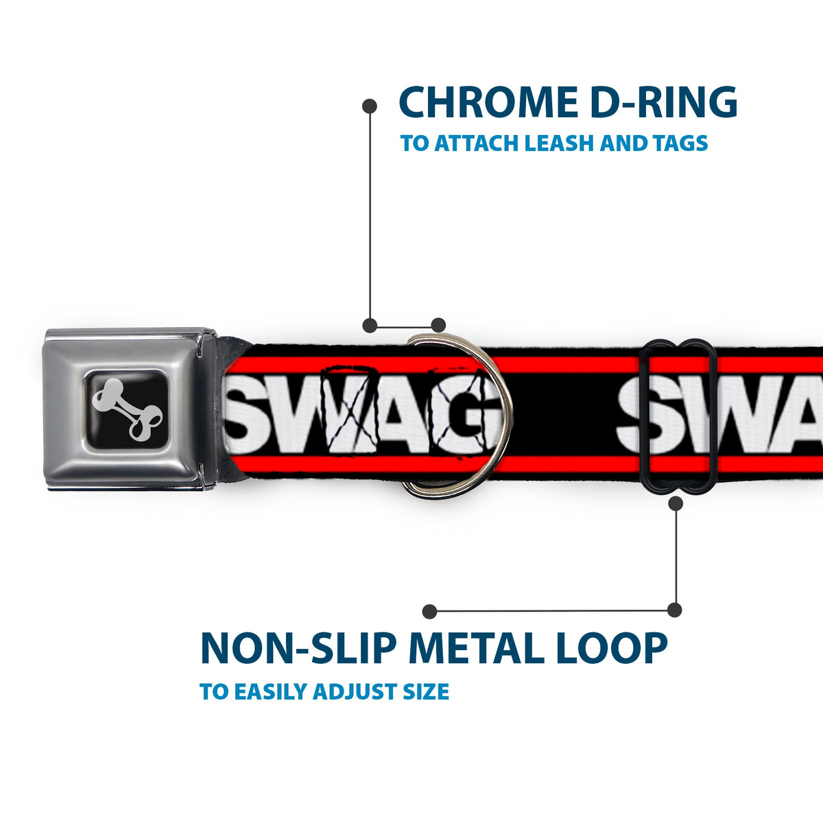 Dog Bone Seatbelt Buckle Collar - SWAGG Black/White/Red Stripe