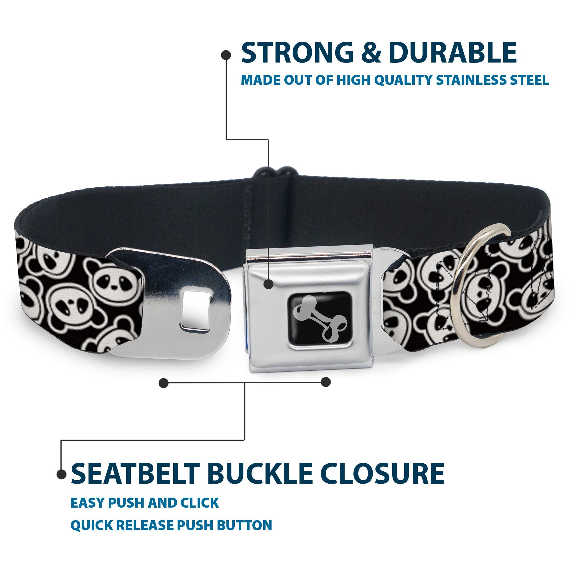 Dog Bone Seatbelt Buckle Collar - Scattered Panda Bear Cartoon2 Black/White