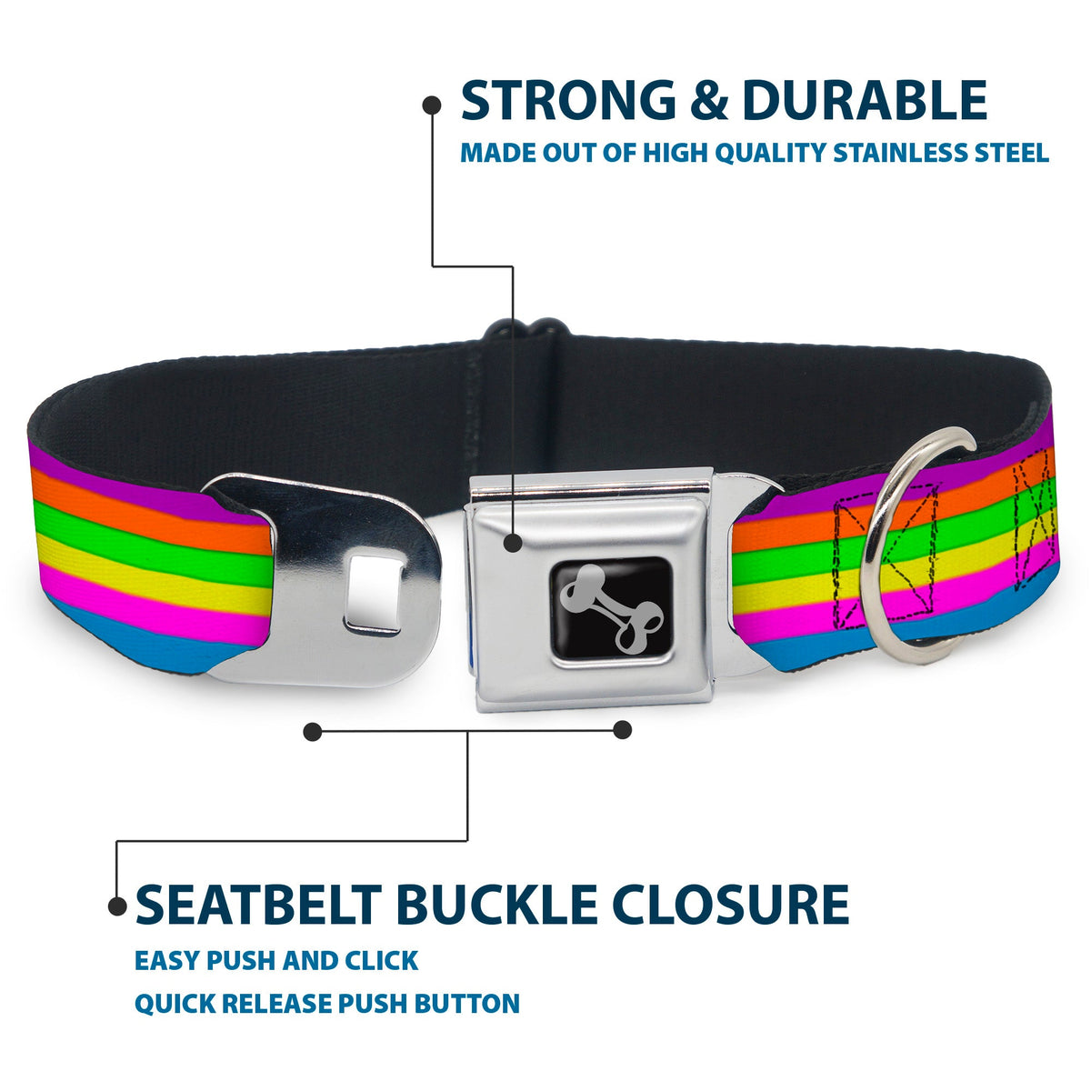 Dog Bone Seatbelt Buckle Collar - Stripes Purple/Orange/Green/Yellow/Pink/Blue