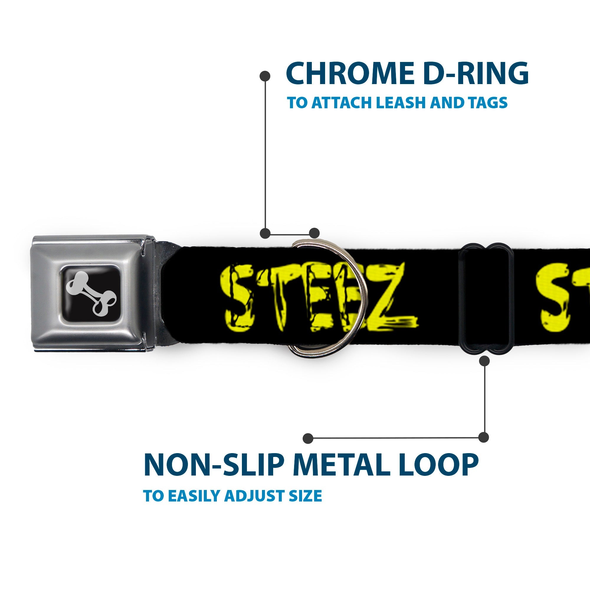 Dog Bone Seatbelt Buckle Collar - STEEZ Brushed Black/Yellow