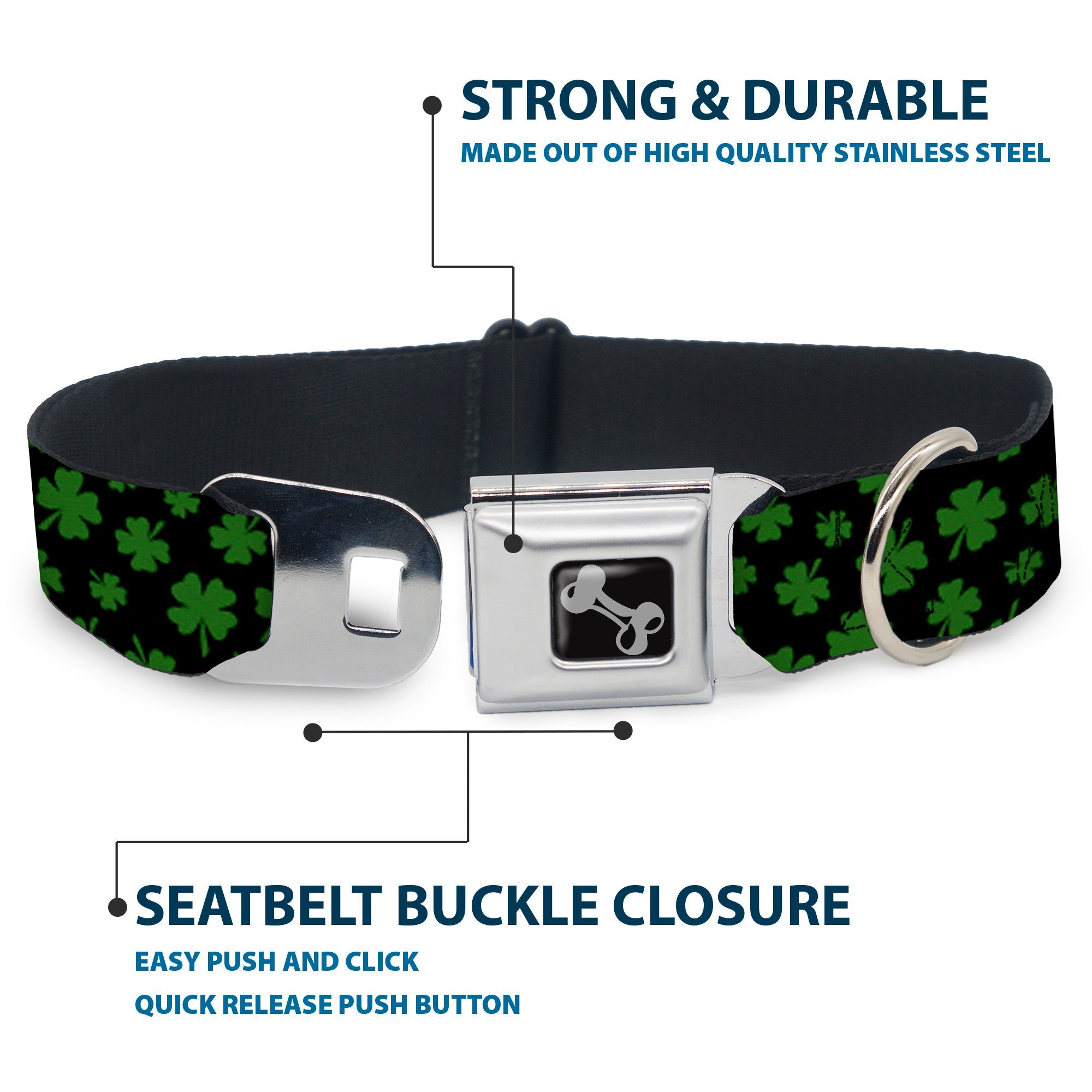 Dog Bone Seatbelt Buckle Collar - St. Pats Clovers Scattered Black/Green