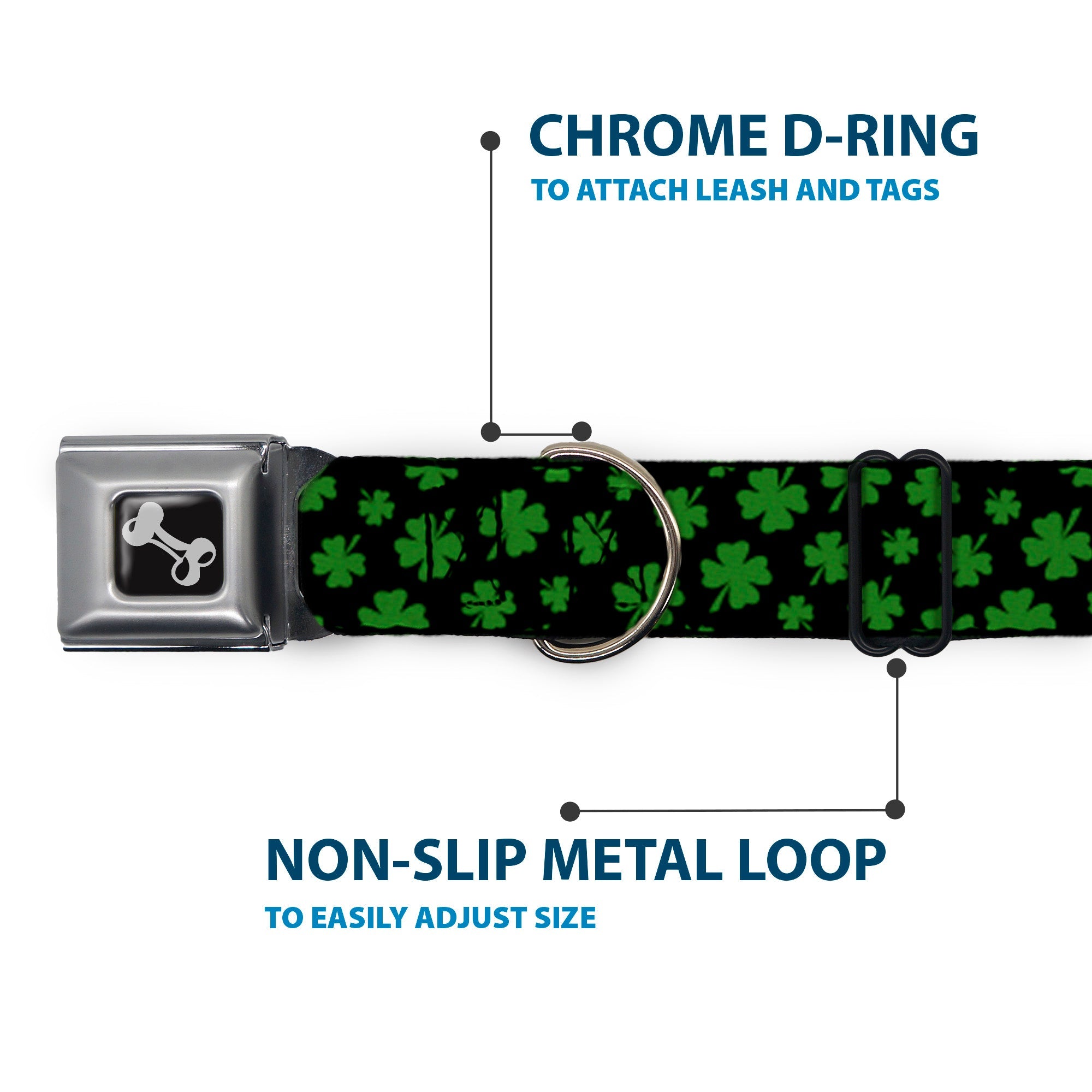 Dog Bone Seatbelt Buckle Collar - St. Pats Clovers Scattered Black/Green