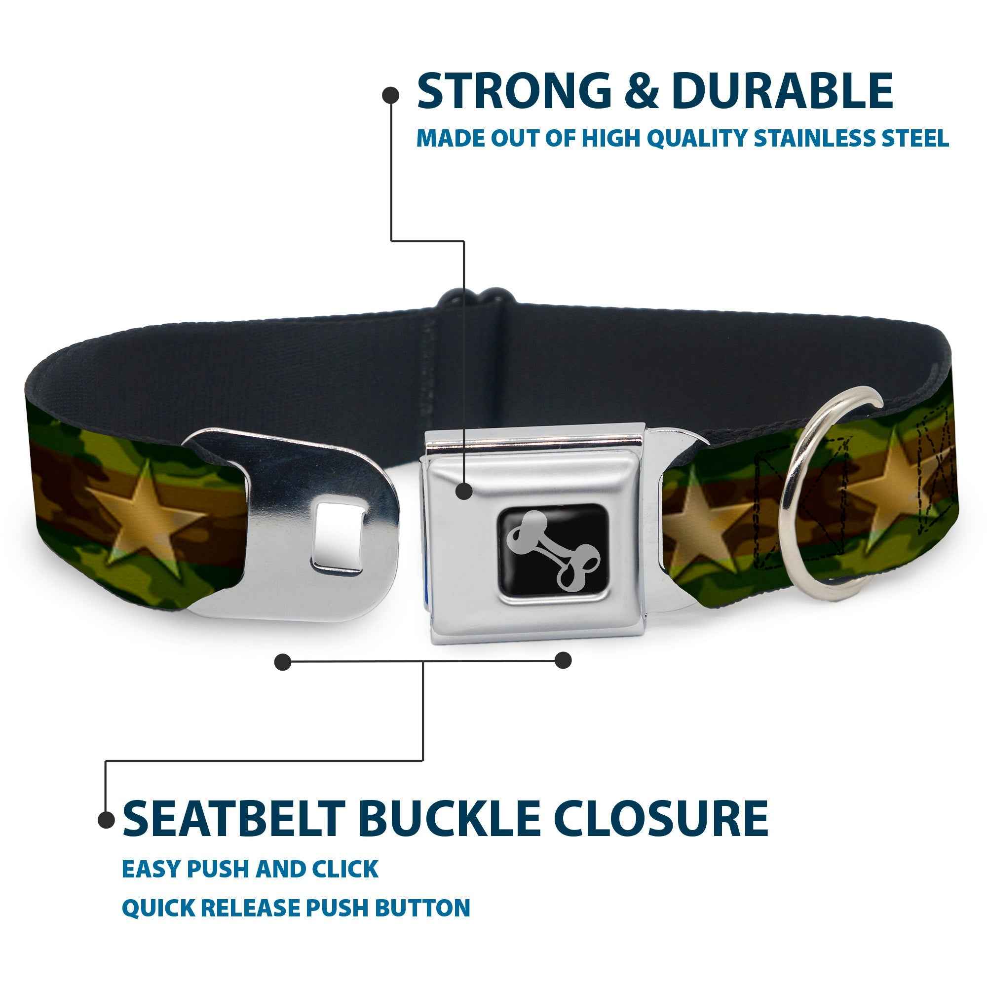 Buckle-Down Star Camo Olive/Gold Seatbelt Buckle Dog Collar