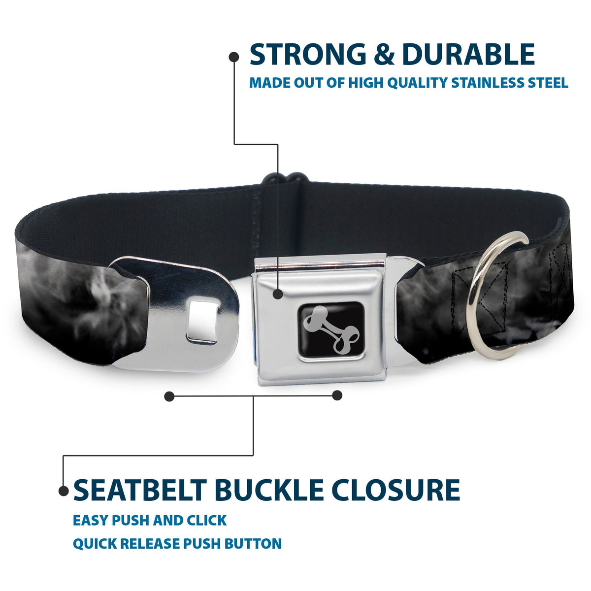 Dog Bone Seatbelt Buckle Collar - Smoke Black/Grays