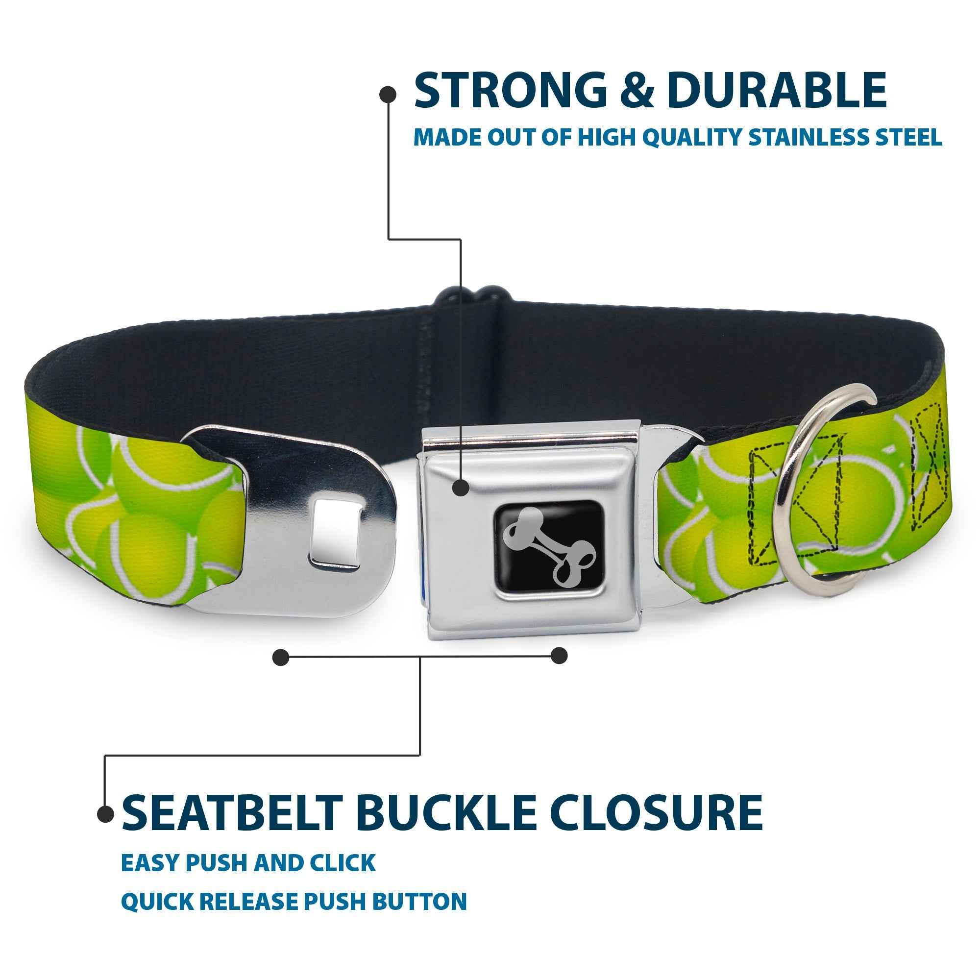 Buckle-Down Dog Bone Black/Silver Seatbelt Buckle Dog Collar - Tennis Balls Stacked