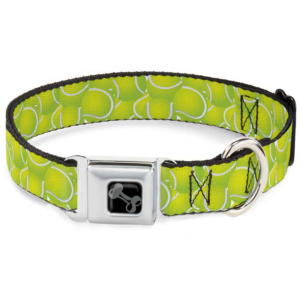 Buckle-Down Dog Bone Black/Silver Seatbelt Buckle Dog Collar - Tennis Balls Stacked