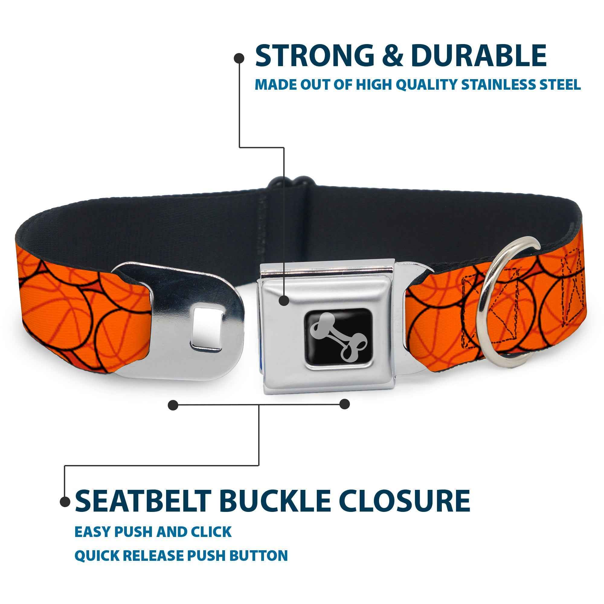 Buckle-Down Dog Bone Black/Silver Seatbelt Buckle Dog Collar - Basketballs Stacked