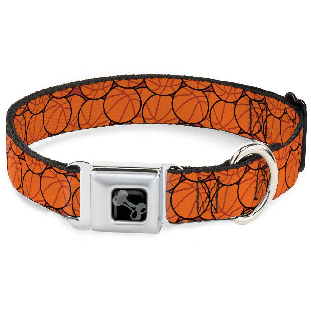 Buckle-Down Dog Bone Black/Silver Seatbelt Buckle Dog Collar - Basketballs Stacked