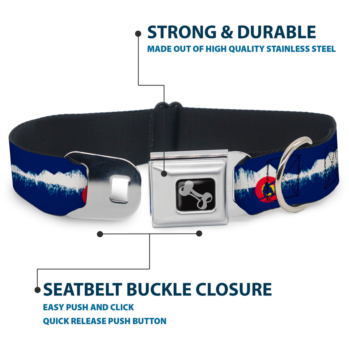 Dog Bone Seatbelt Buckle Collar - Colorado Snowboarder/Snowy Mountains Weathered