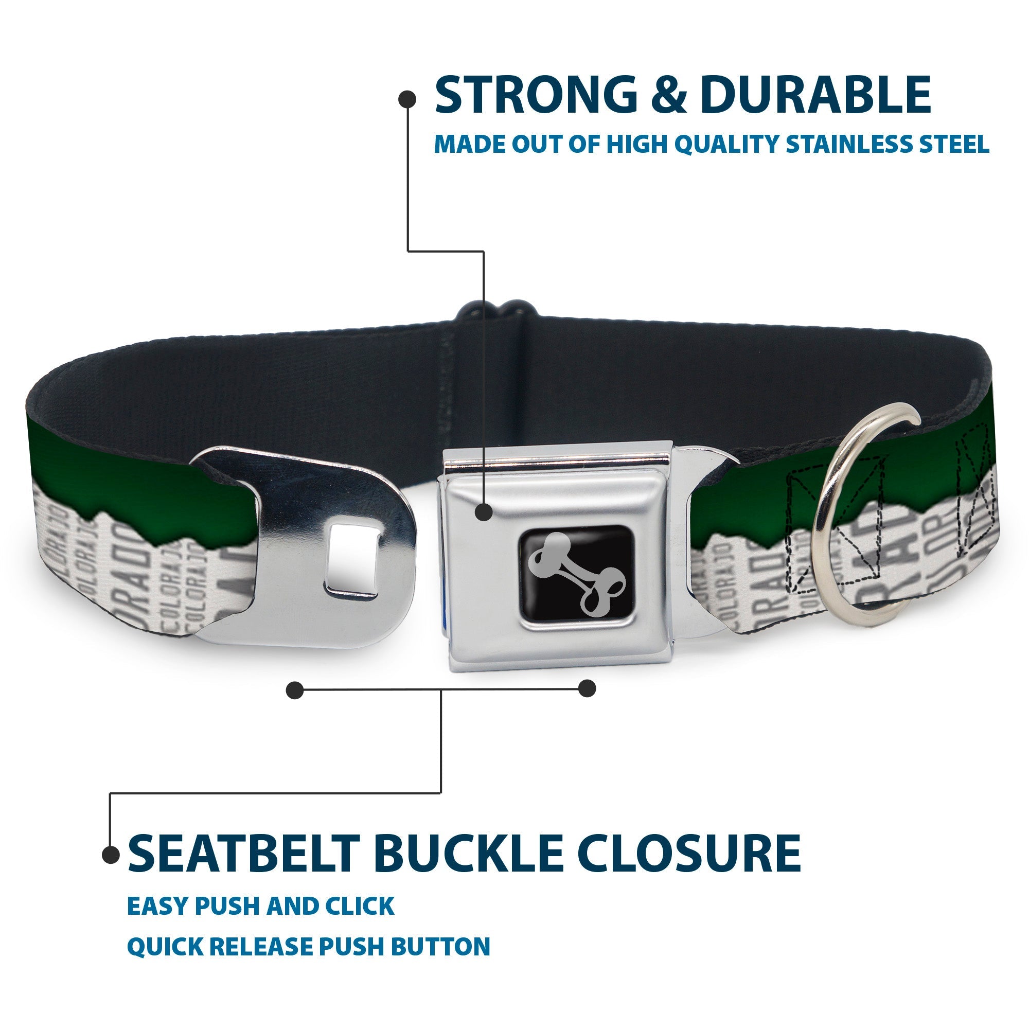 Dog Bone Seatbelt Buckle Collar - Colorado Mountains Green/White/Gray Text