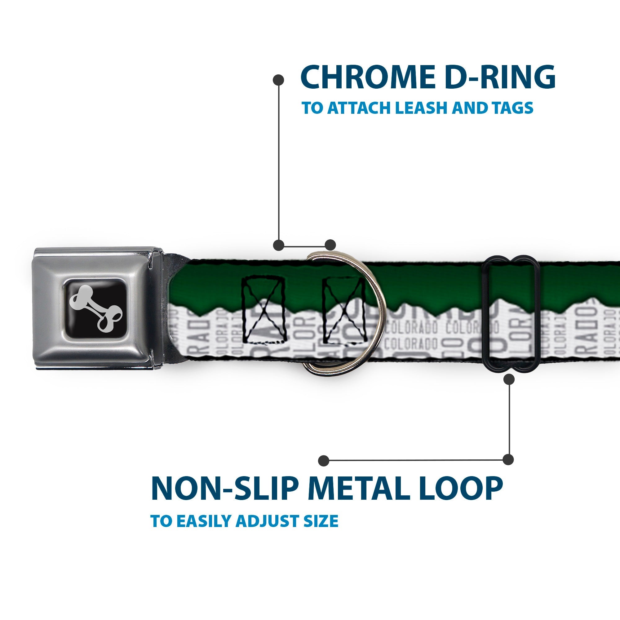 Dog Bone Seatbelt Buckle Collar - Colorado Mountains Green/White/Gray Text