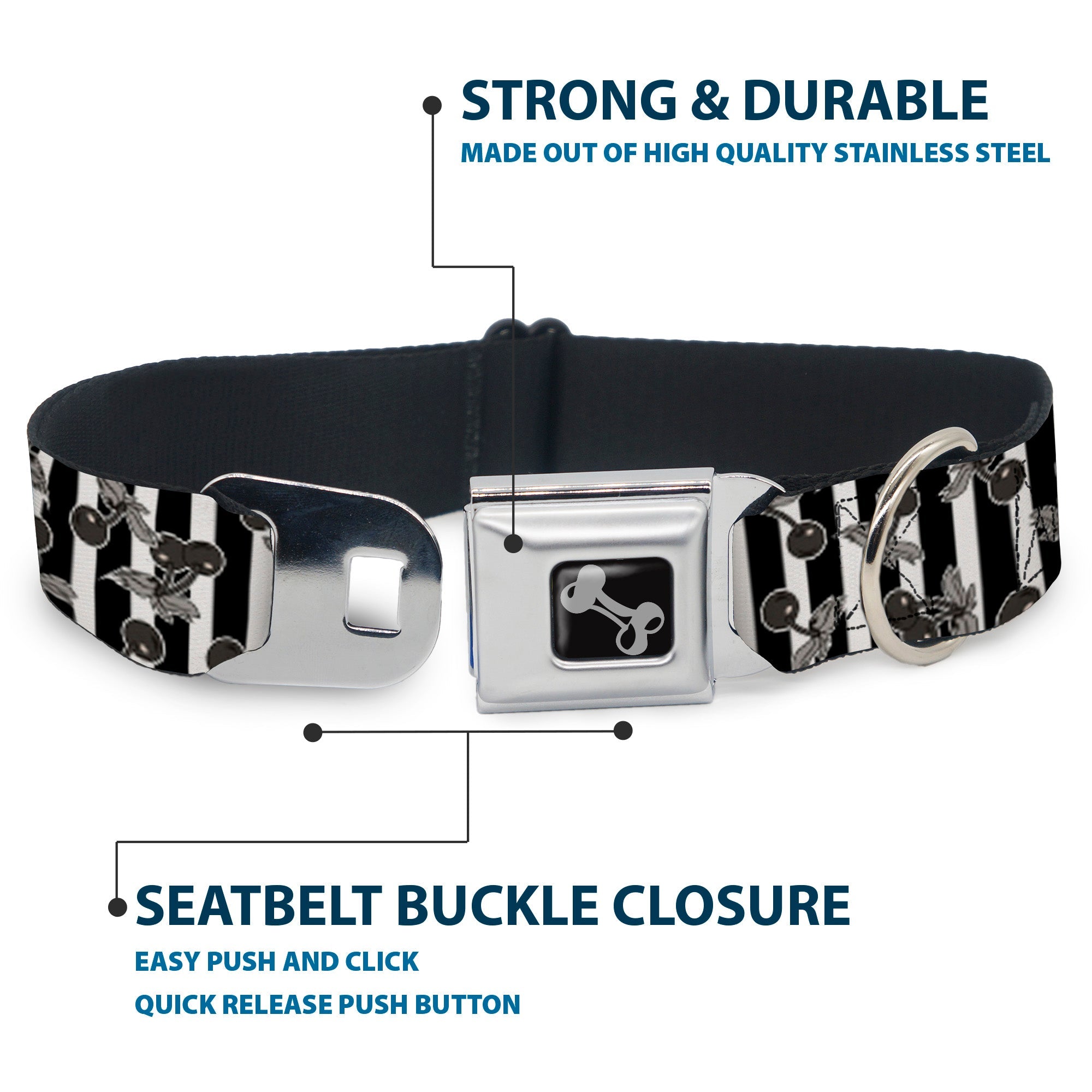 Dog Bone Seatbelt Buckle Collar - Cherries Scattered/Vertical Stripe White/Black/Grays