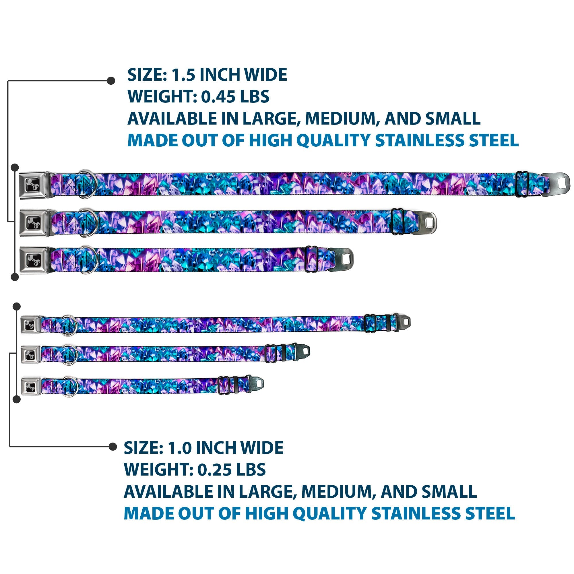 Dog Bone Seatbelt Buckle Collar - Crystals2 Blues/Purples