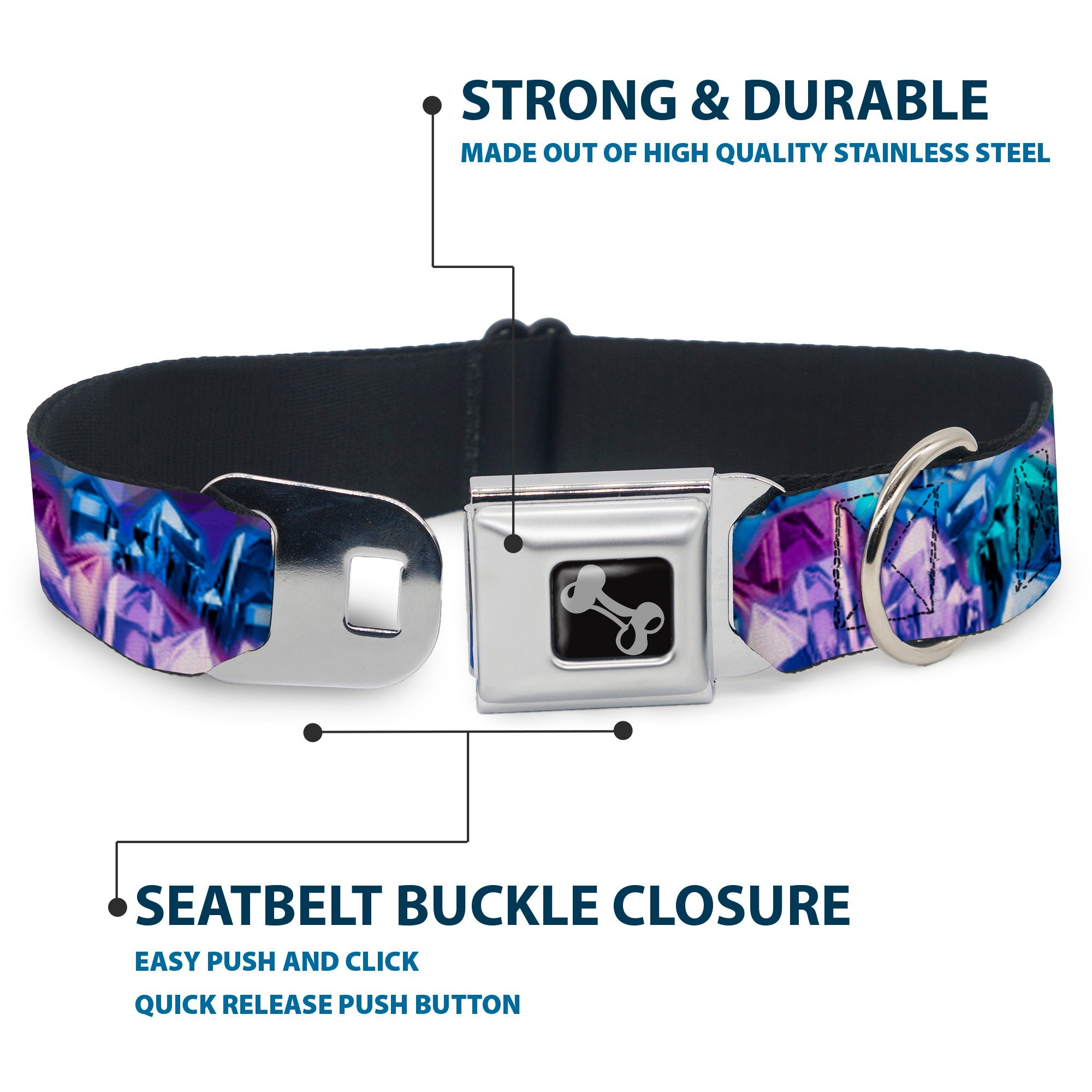 Dog Bone Seatbelt Buckle Collar - Crystals2 Blues/Purples