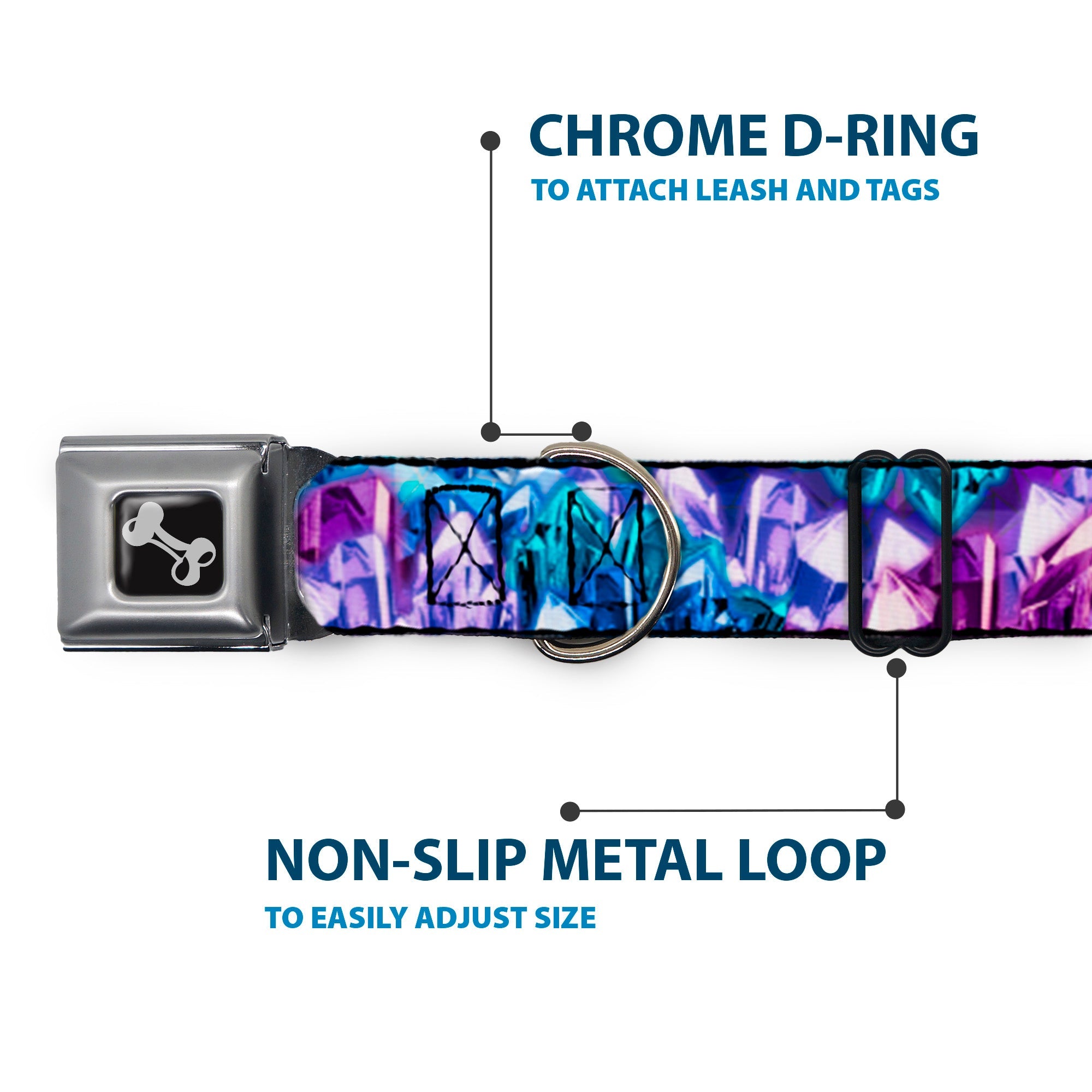 Dog Bone Seatbelt Buckle Collar - Crystals2 Blues/Purples