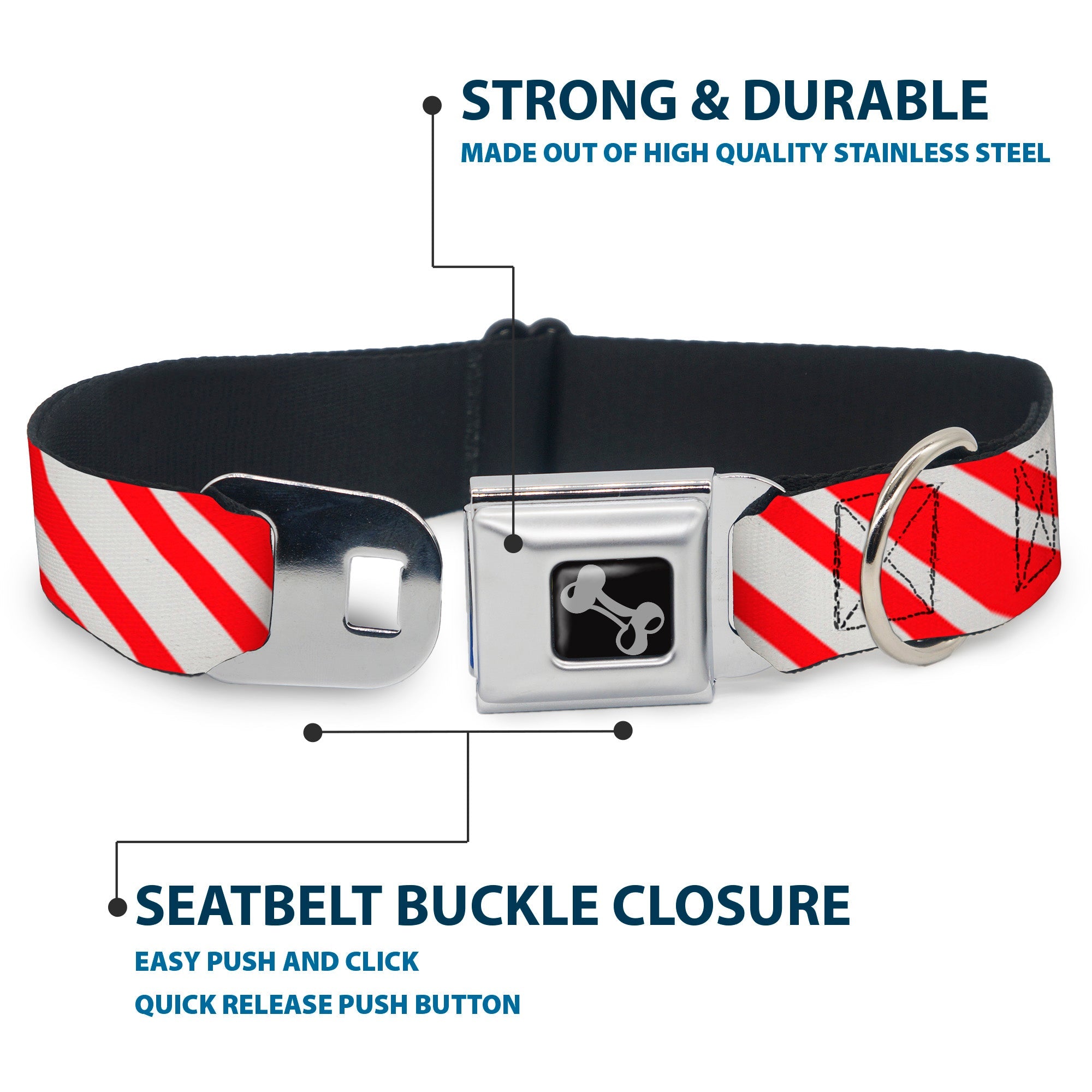 Buckle-Down Candy Cane3 Stripe White/3-Red Seatbelt Buckle Dog Collar