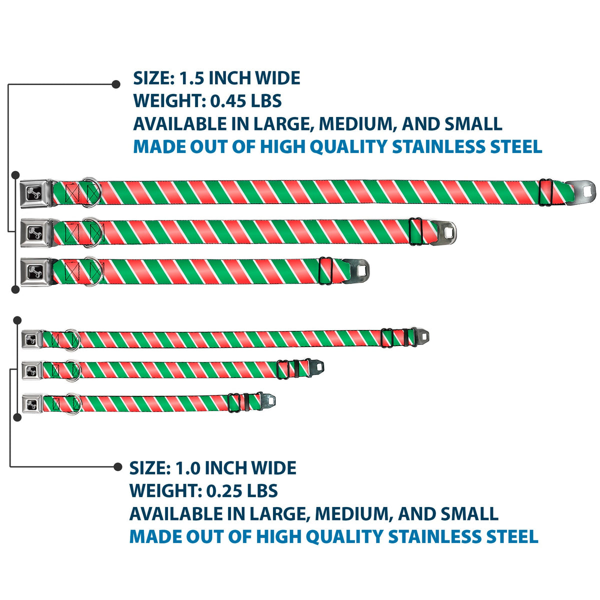 Dog Bone Seatbelt Buckle Collar - Candy Cane4 White/Red/Green