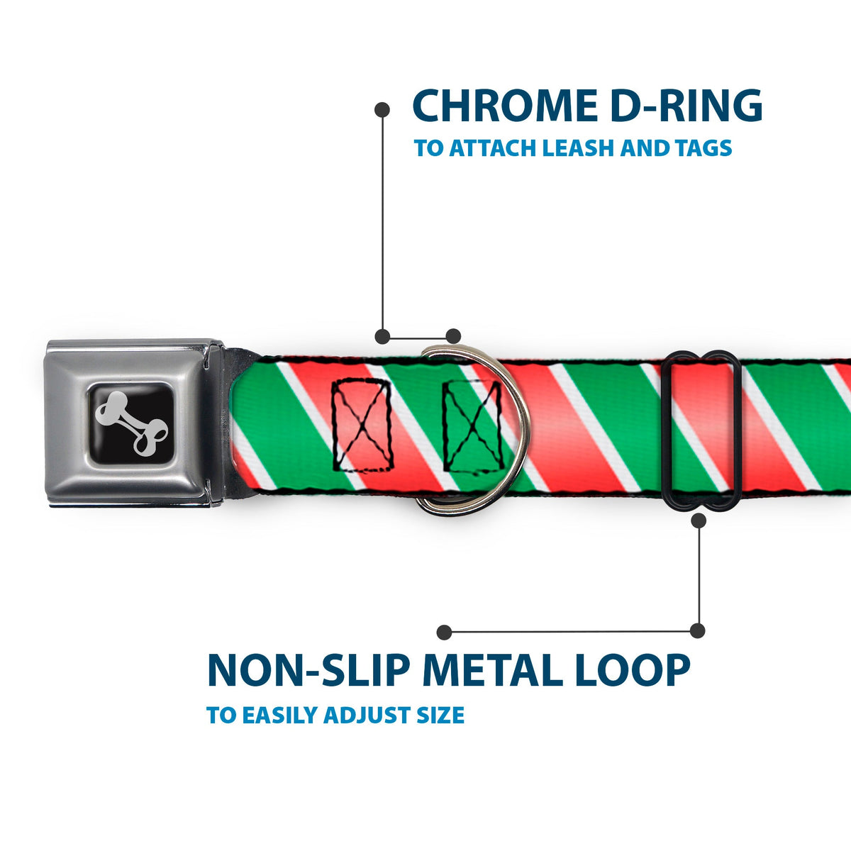 Dog Bone Seatbelt Buckle Collar - Candy Cane4 White/Red/Green
