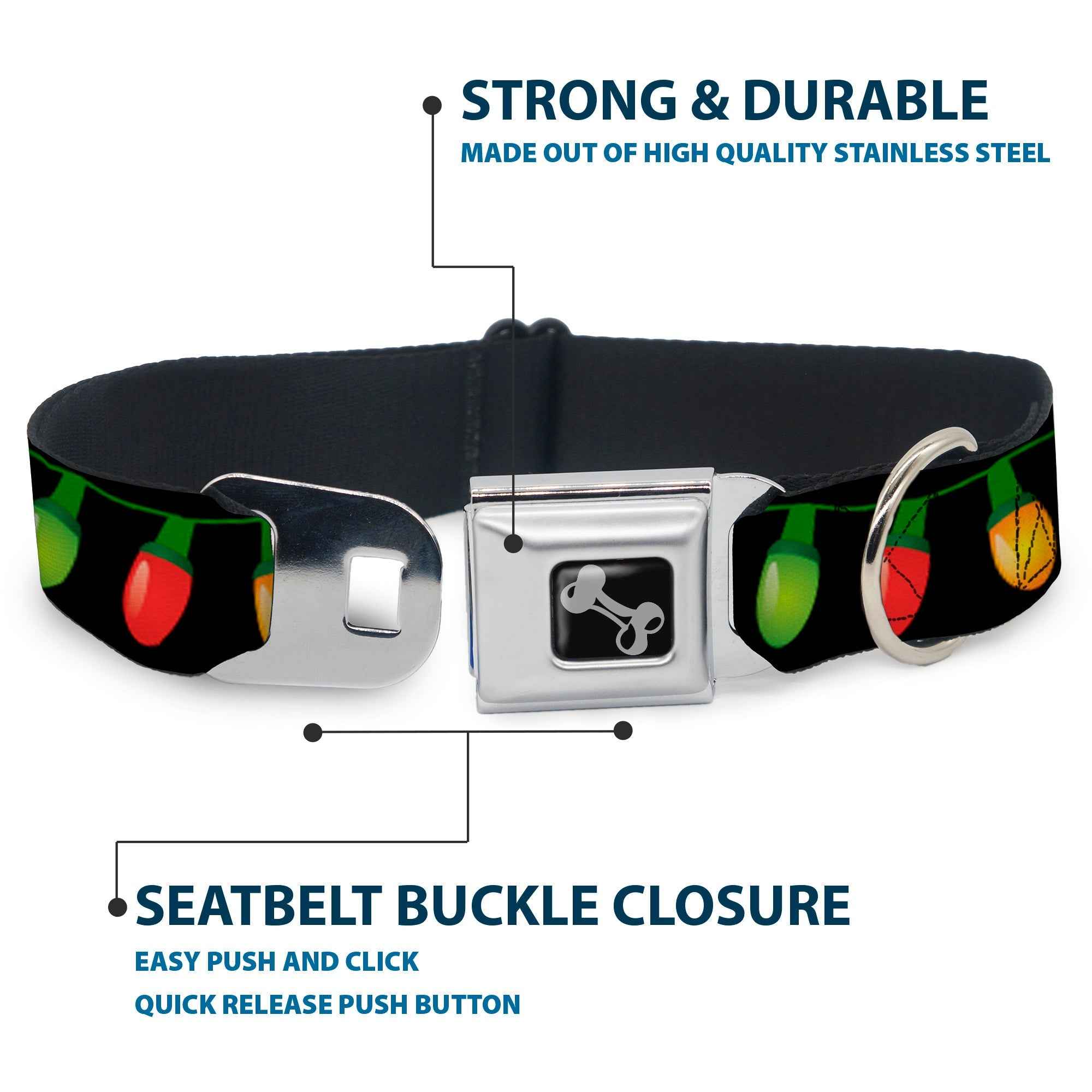 Buckle-Down Christmas Lights Black/Multicolor Seatbelt Buckle Dog Collar
