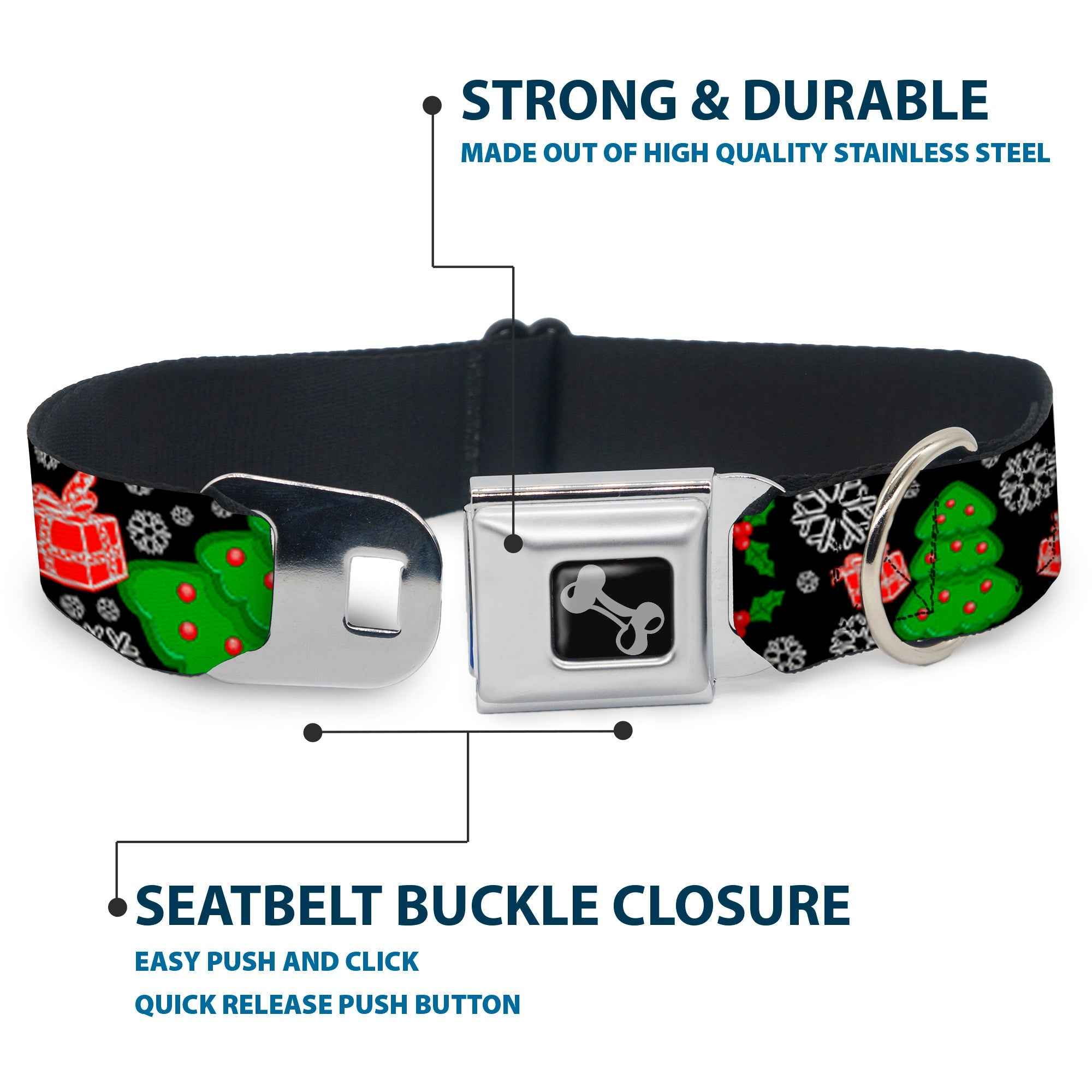 Buckle-Down Christmas Collage Black/White/Green/Red Seatbelt Buckle Dog Collar