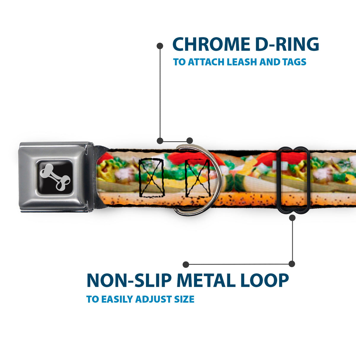 Dog Bone Seatbelt Buckle Collar - Chicago Style Hot Dog Vivid