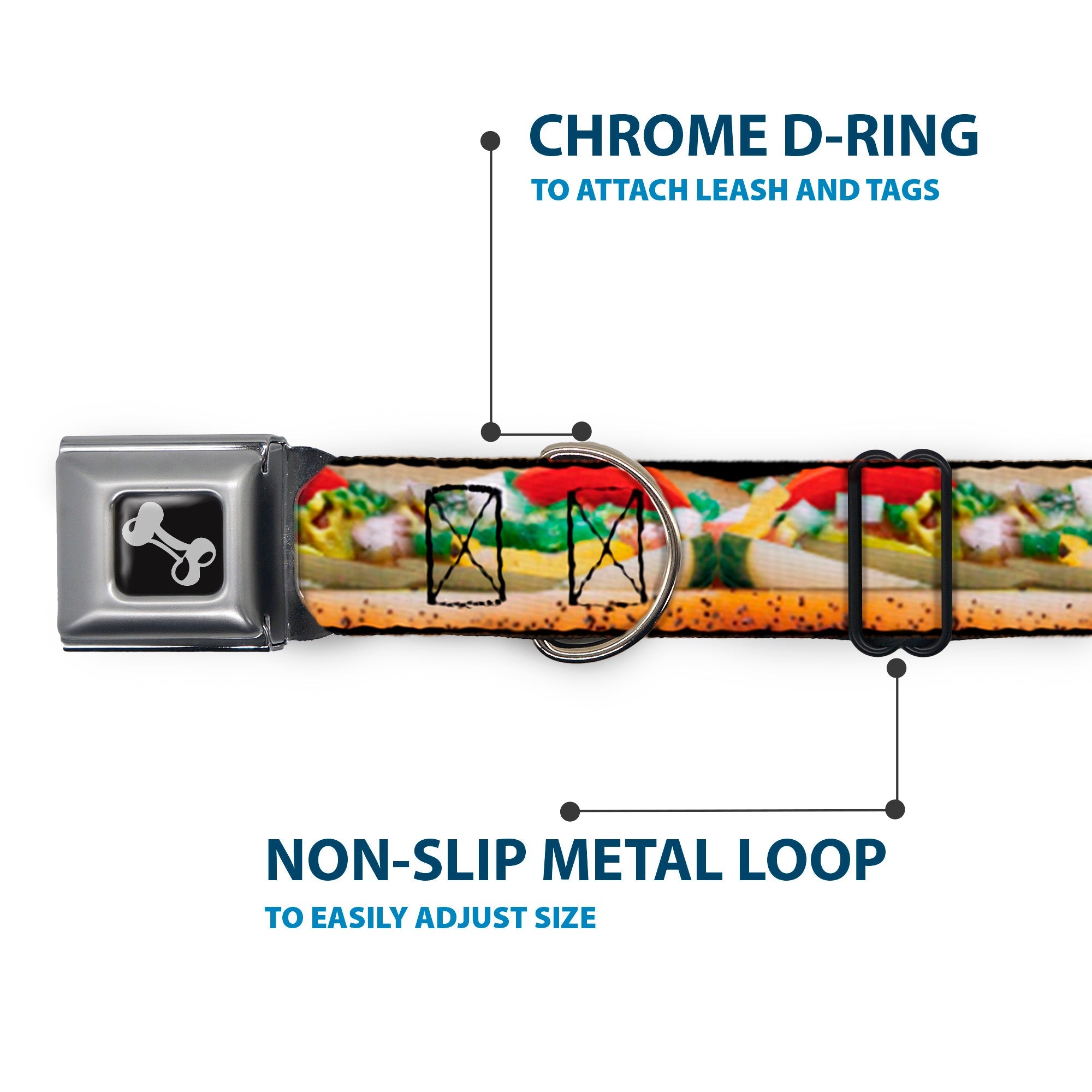 Dog Bone Seatbelt Buckle Collar - Chicago Style Hot Dog Vivid