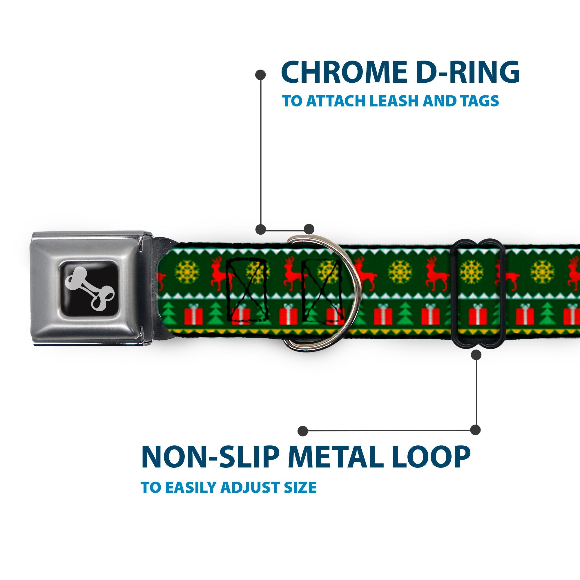 Buckle-Down Christmas Sweater Stitch Green/White/Gold/Red Seatbelt Buckle Dog Collar