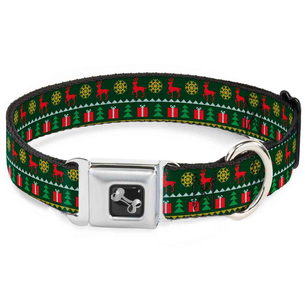 Buckle-Down Christmas Sweater Stitch Green/White/Gold/Red Seatbelt Buckle Dog Collar