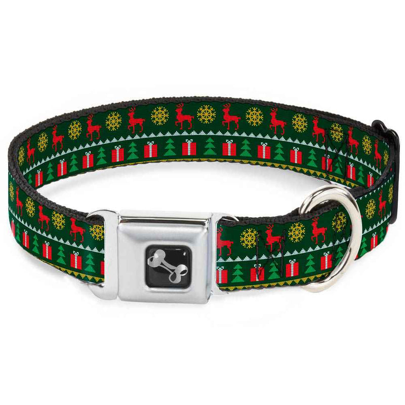 Buckle-Down Christmas Sweater Stitch Green/White/Gold/Red Seatbelt Buckle Dog Collar