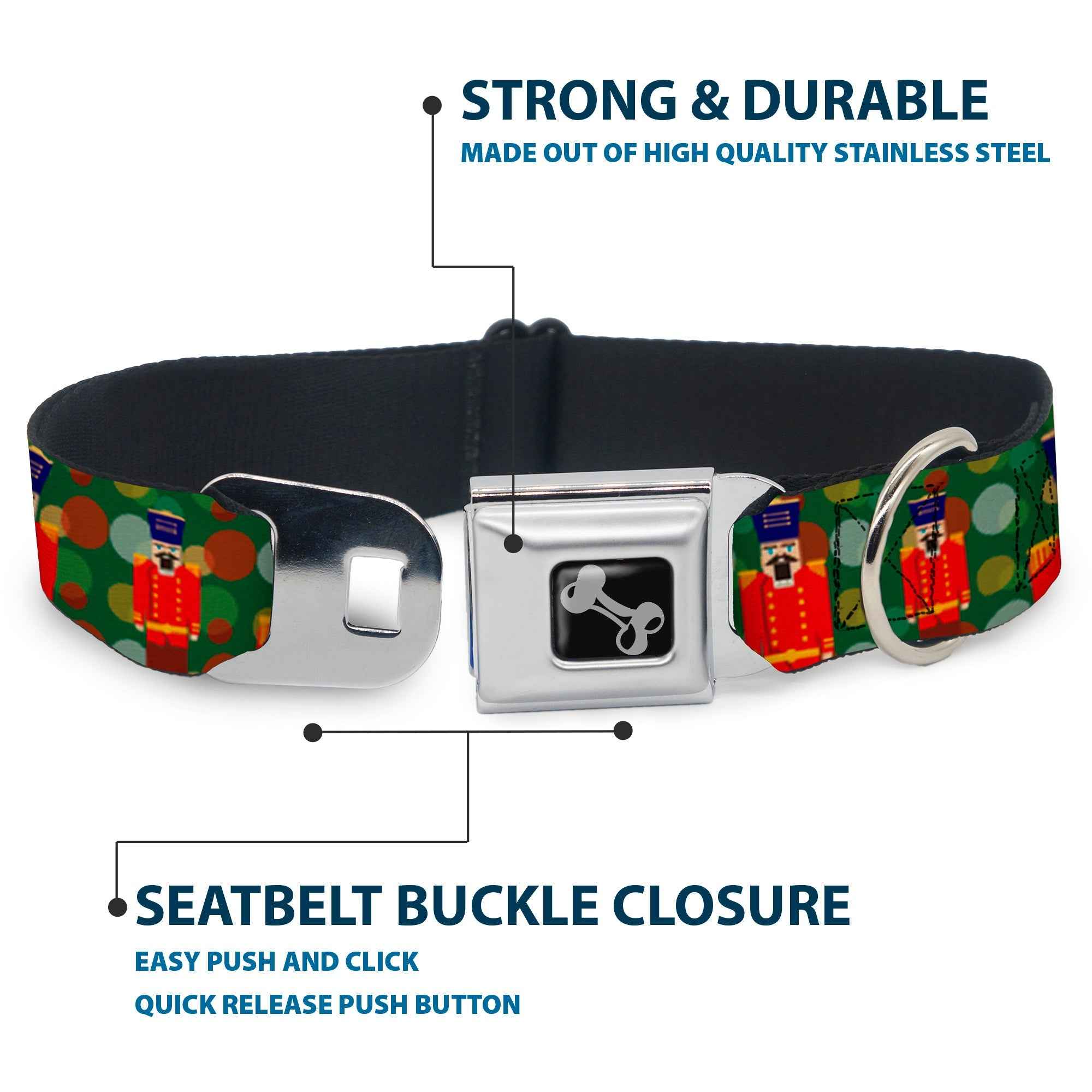 Buckle-Down Christmas Nutcracker/Polka Dots Greens/Gold/Red Seatbelt Buckle Dog Collar