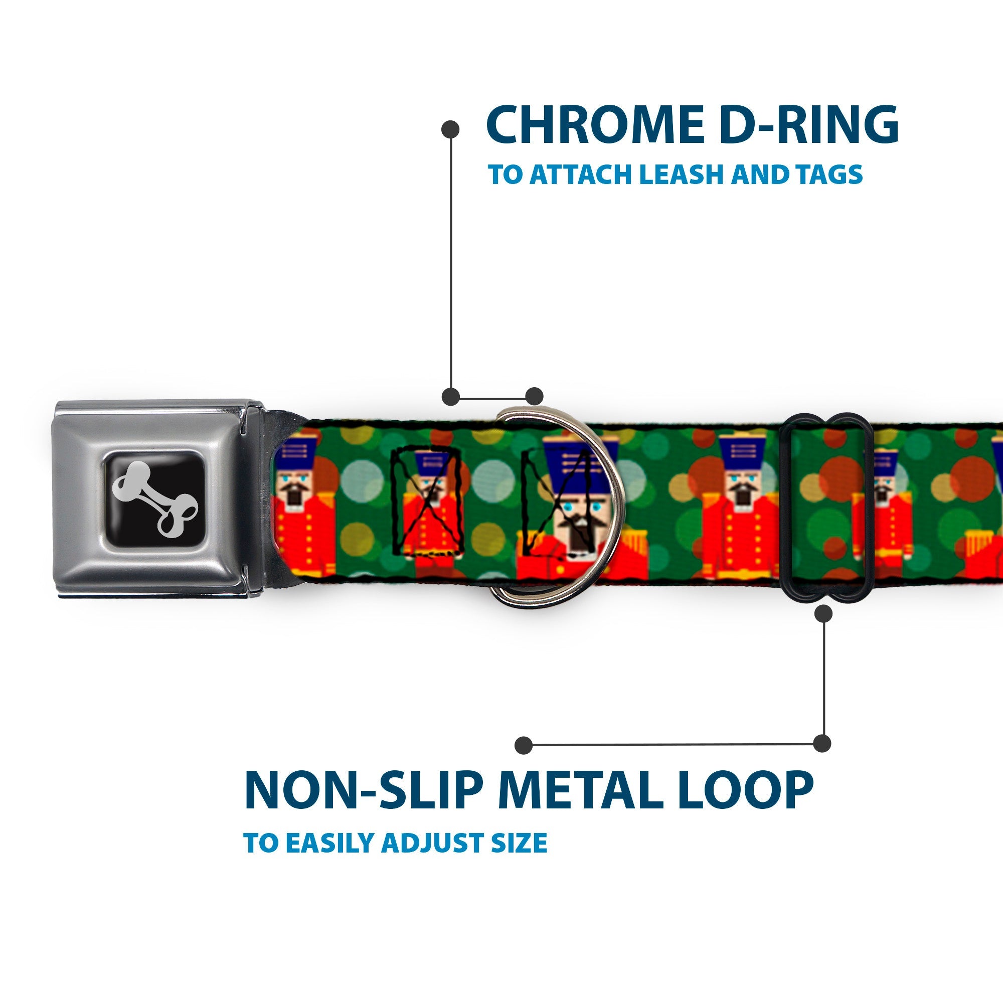 Buckle-Down Christmas Nutcracker/Polka Dots Greens/Gold/Red Seatbelt Buckle Dog Collar