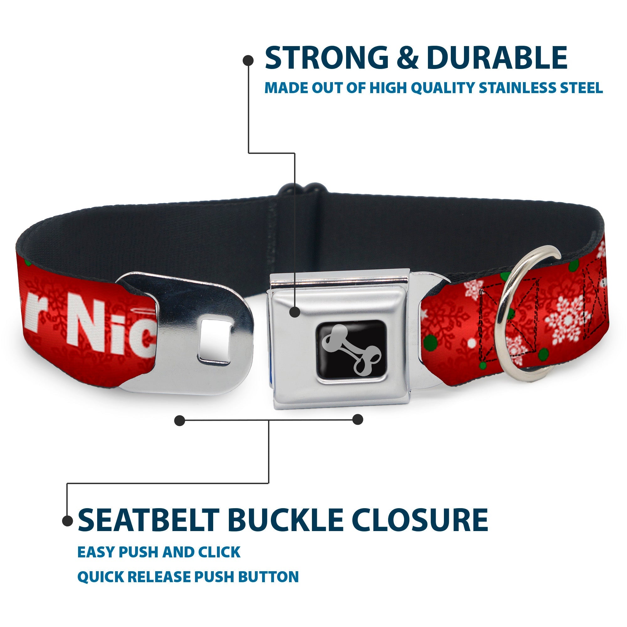 Buckle-Down Christmas Naughty Or Nice/Snowflakes Reds/White/Green Seatbelt Buckle Dog Collar