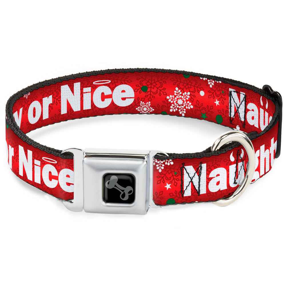 Buckle-Down Christmas Naughty Or Nice/Snowflakes Reds/White/Green Seatbelt Buckle Dog Collar