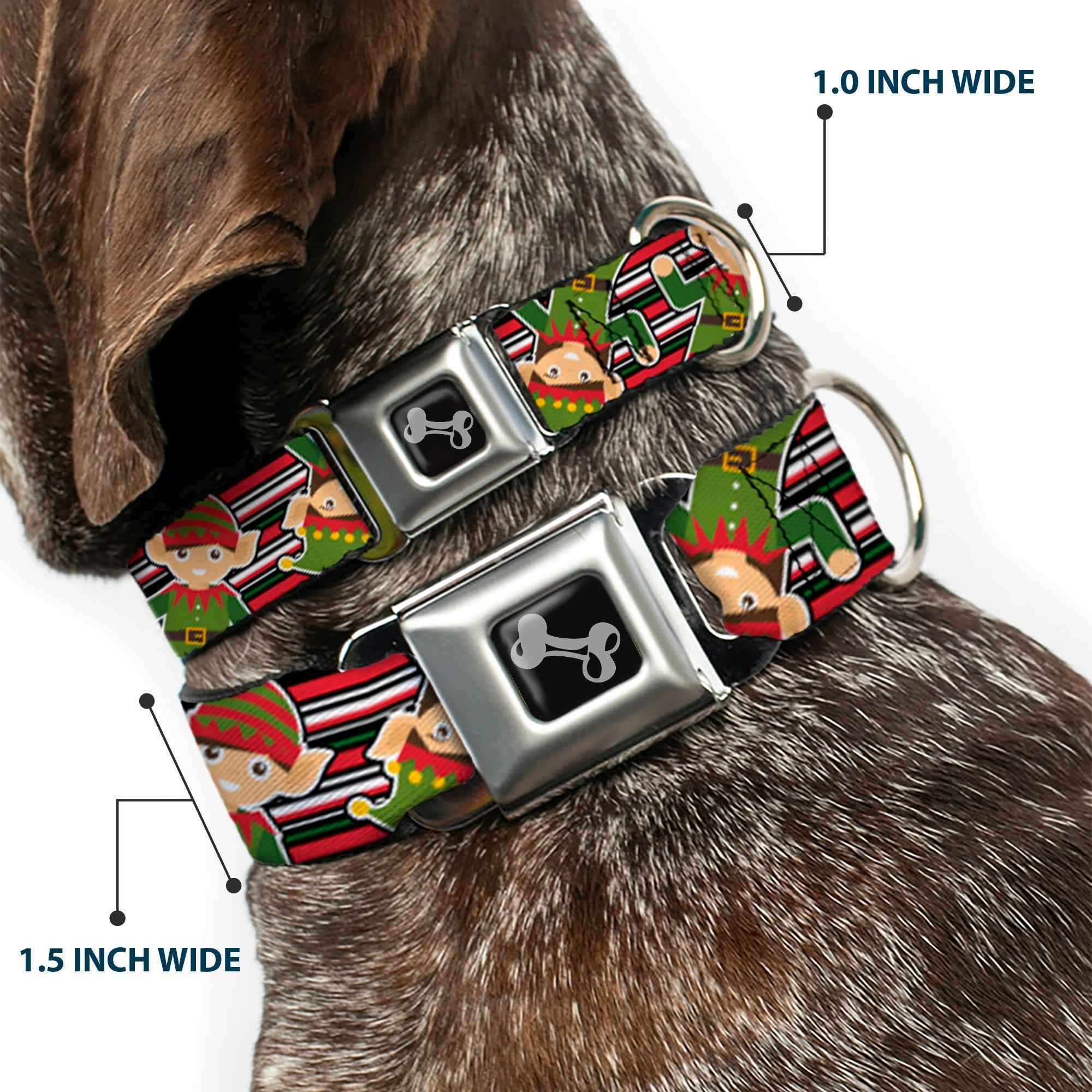Buckle-Down Christmas Elves/Stripes Black/Red/White/Green Seatbelt Buckle Dog Collar