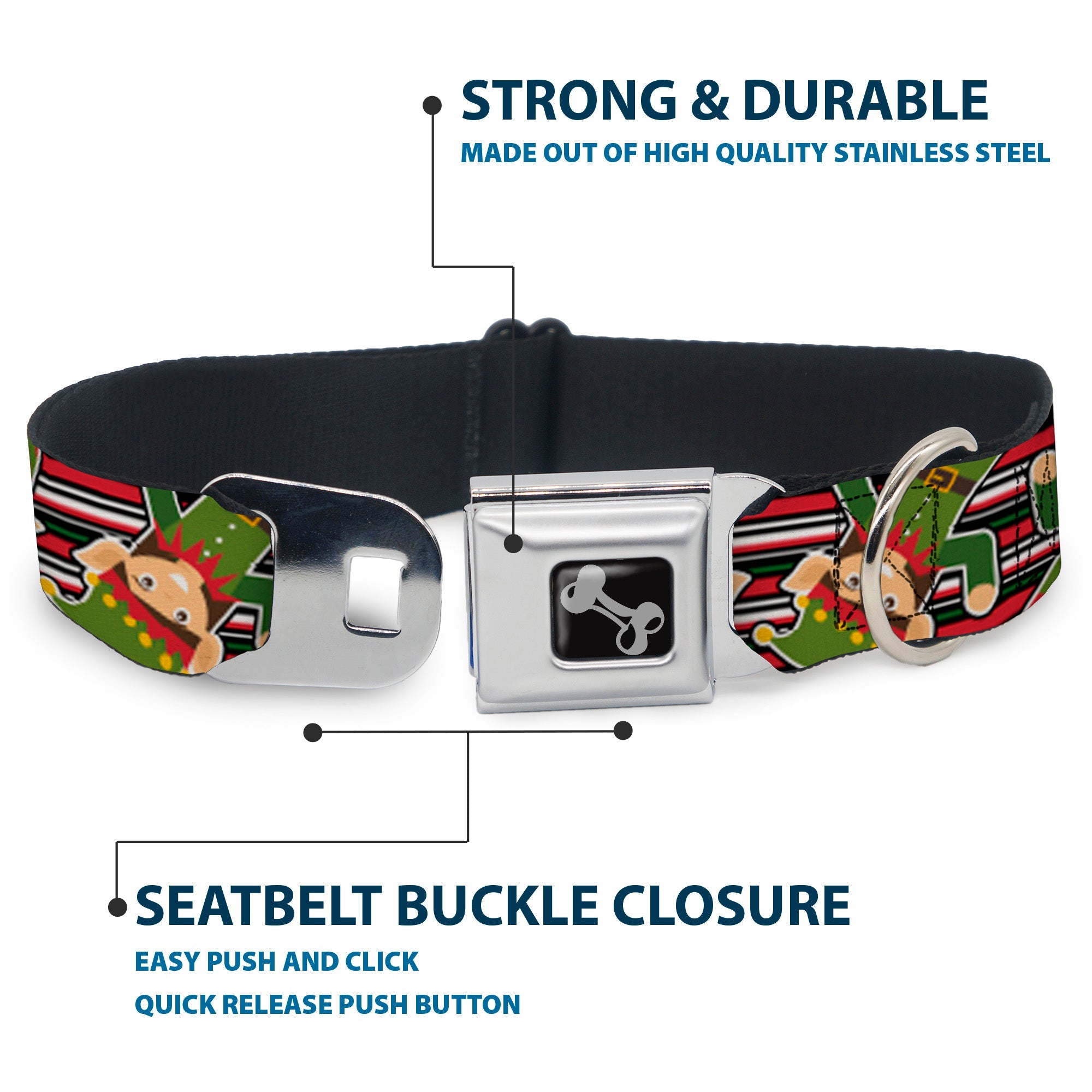 Buckle-Down Christmas Elves/Stripes Black/Red/White/Green Seatbelt Buckle Dog Collar