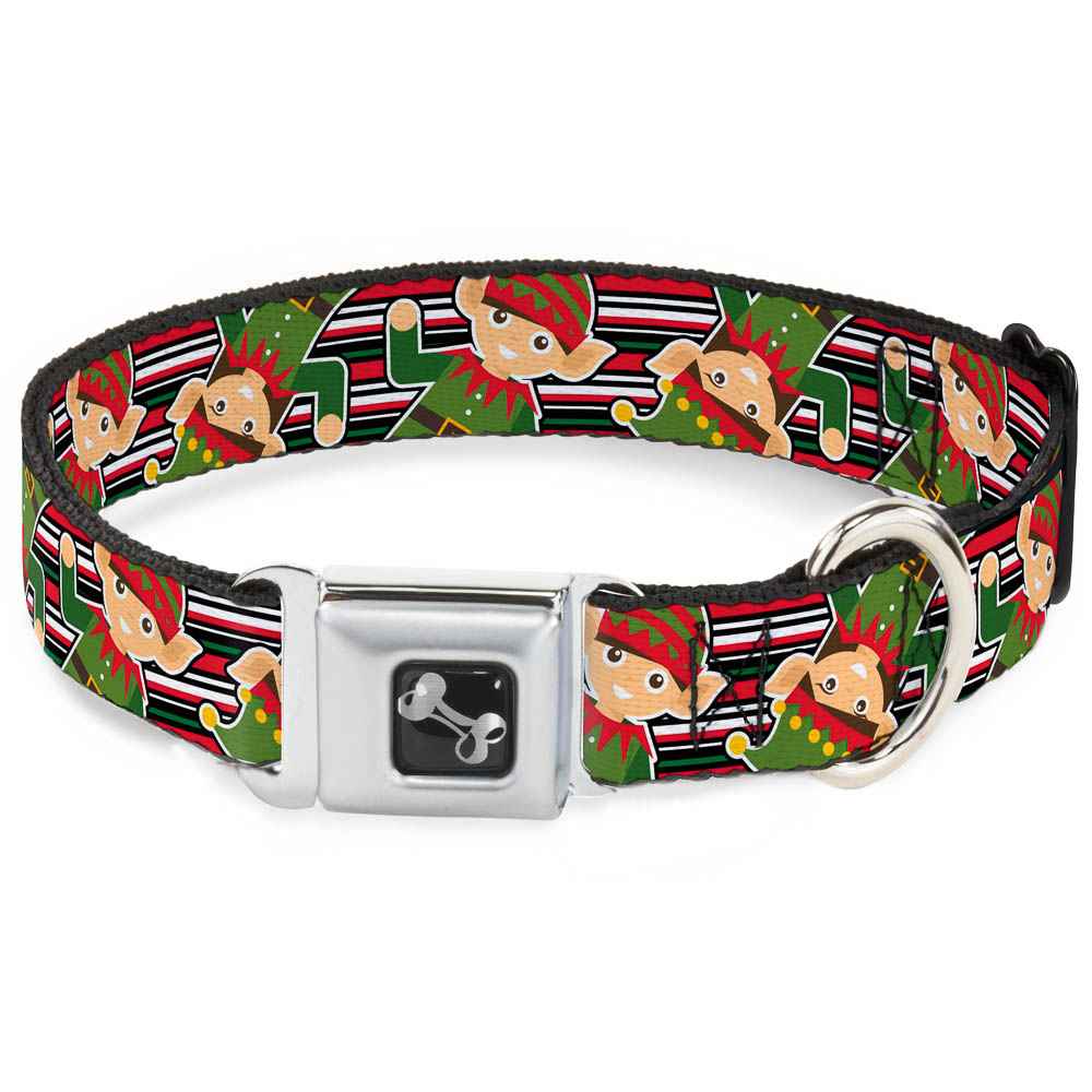 Buckle-Down Christmas Elves/Stripes Black/Red/White/Green Seatbelt Buckle Dog Collar