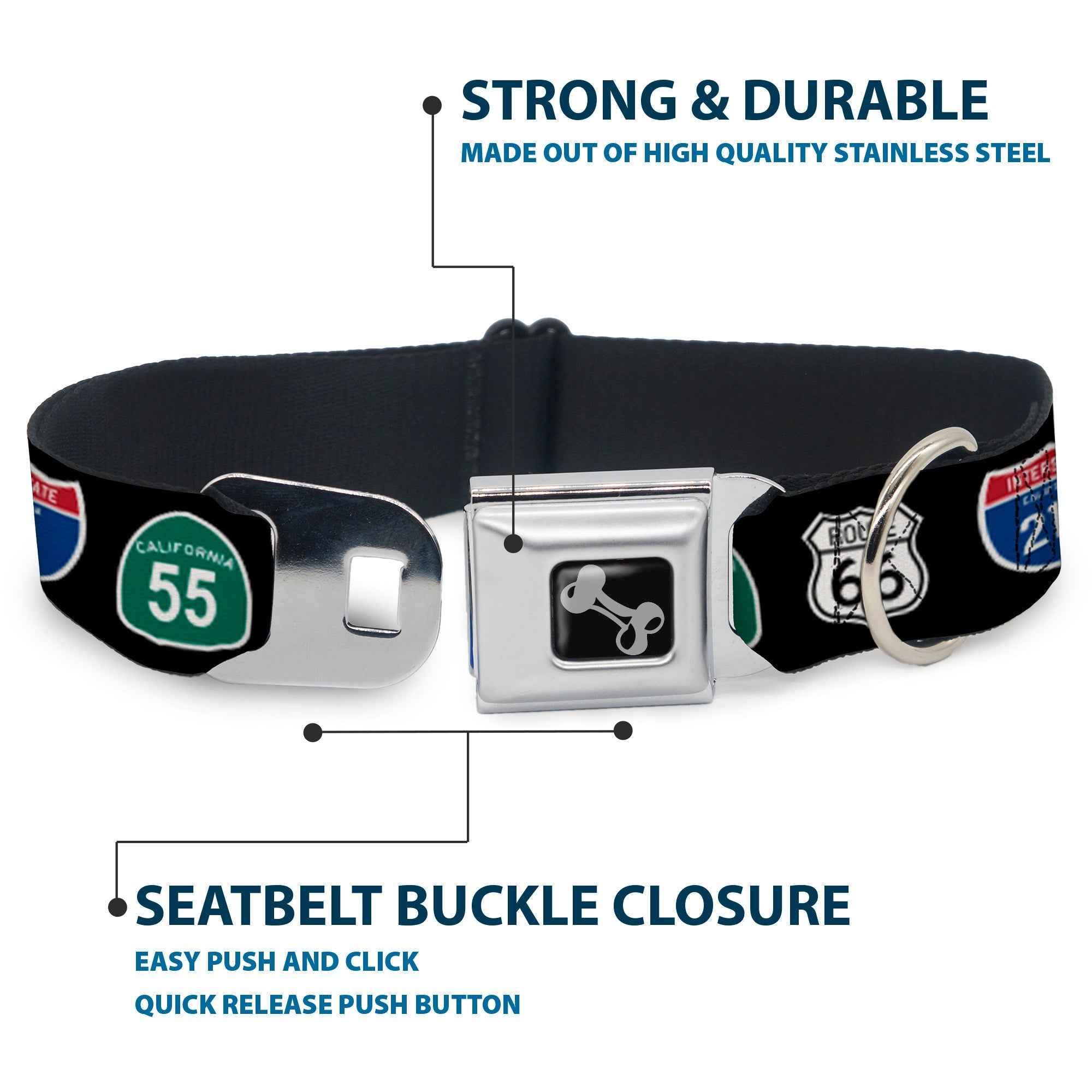 Buckle-Down California Highway Signs Black Seatbelt Buckle Dog Collar
