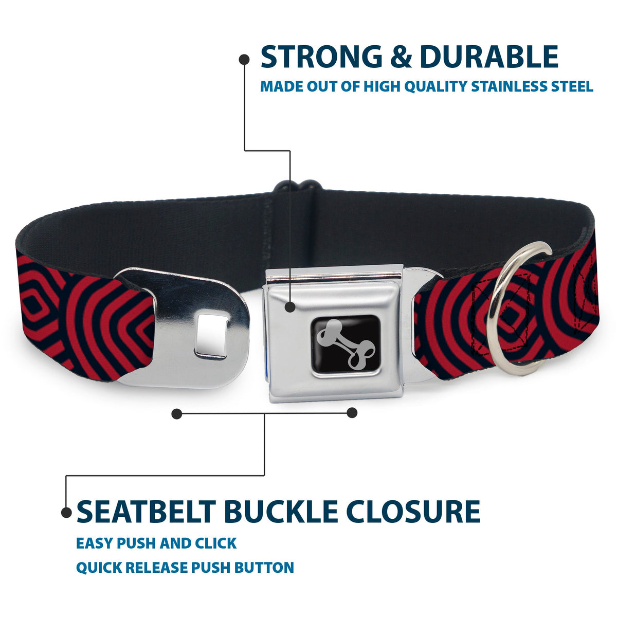 Dog Bone Seatbelt Buckle Collar - Square Target Red/Navy