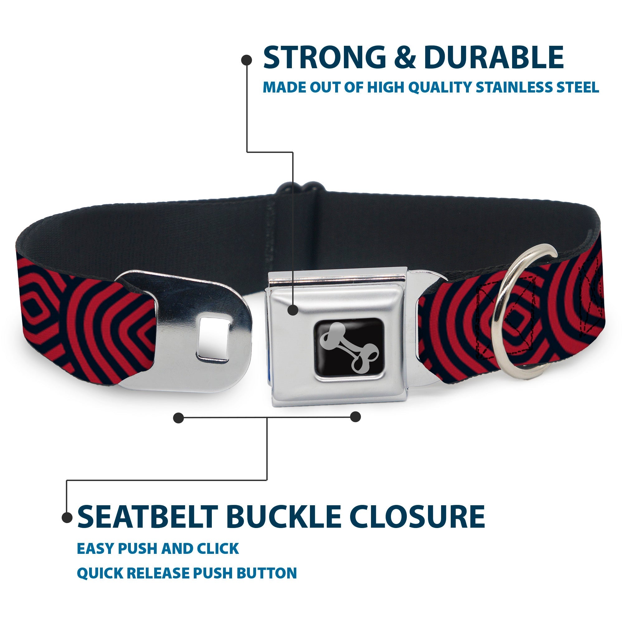 Dog Bone Seatbelt Buckle Collar - Square Target Red/Navy