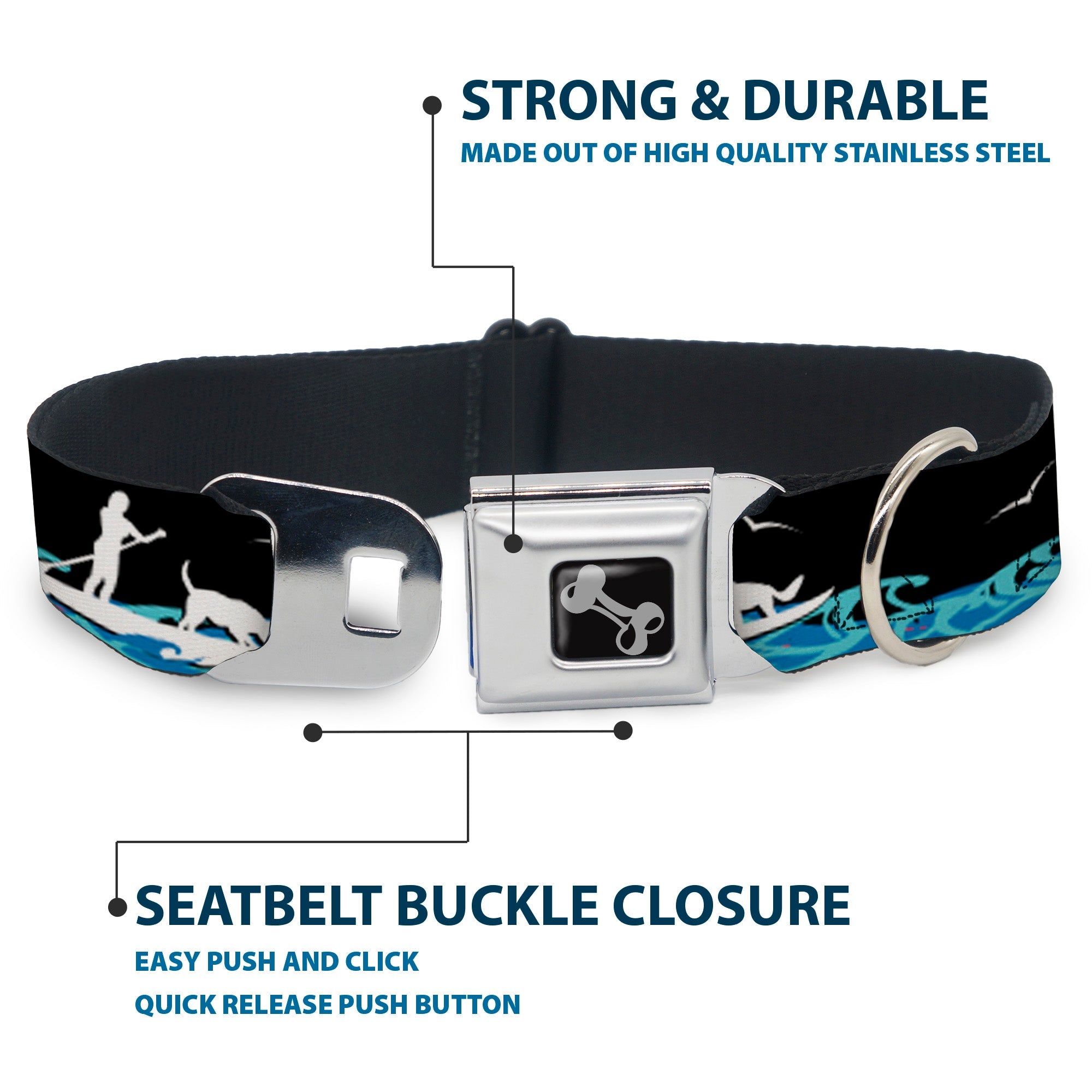 Dog Bone Seatbelt Buckle Collar - SUP w/Dog Black/Blues/White