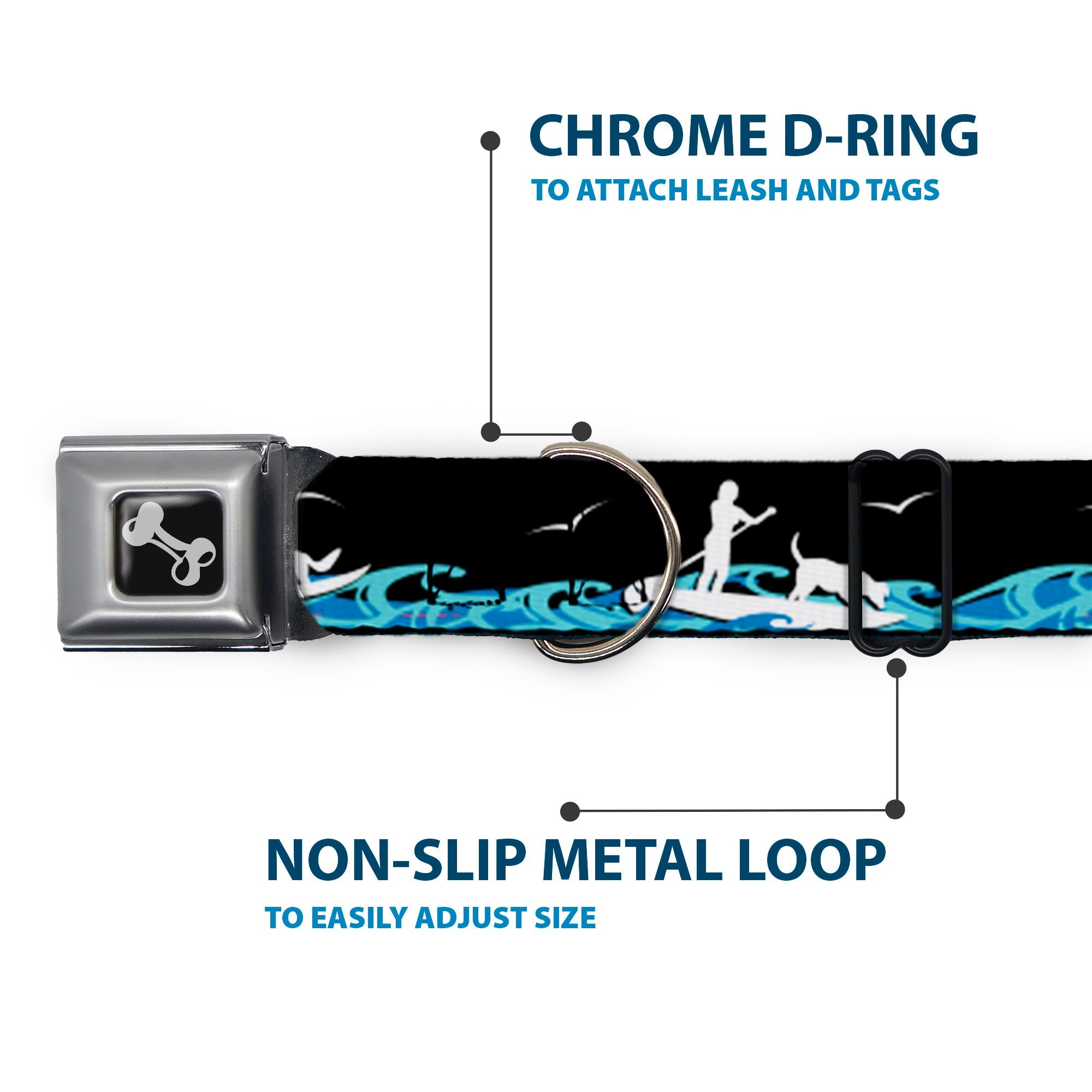 Dog Bone Seatbelt Buckle Collar - SUP w/Dog Black/Blues/White